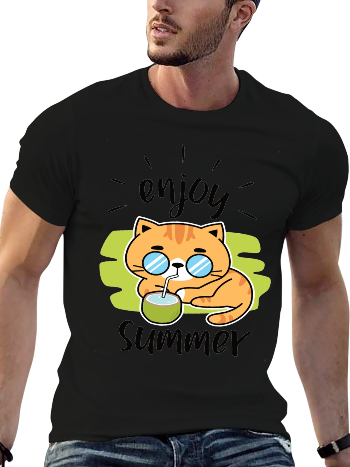 Enjoy Summer Cat Graphic T-Shirt - Black