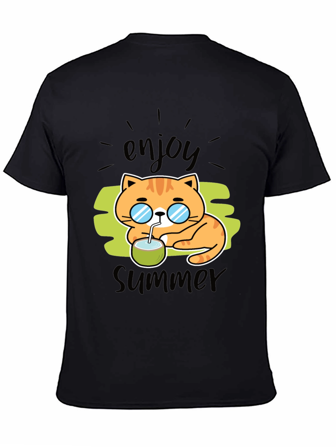 Enjoy Summer Cat Graphic T-Shirt - Black