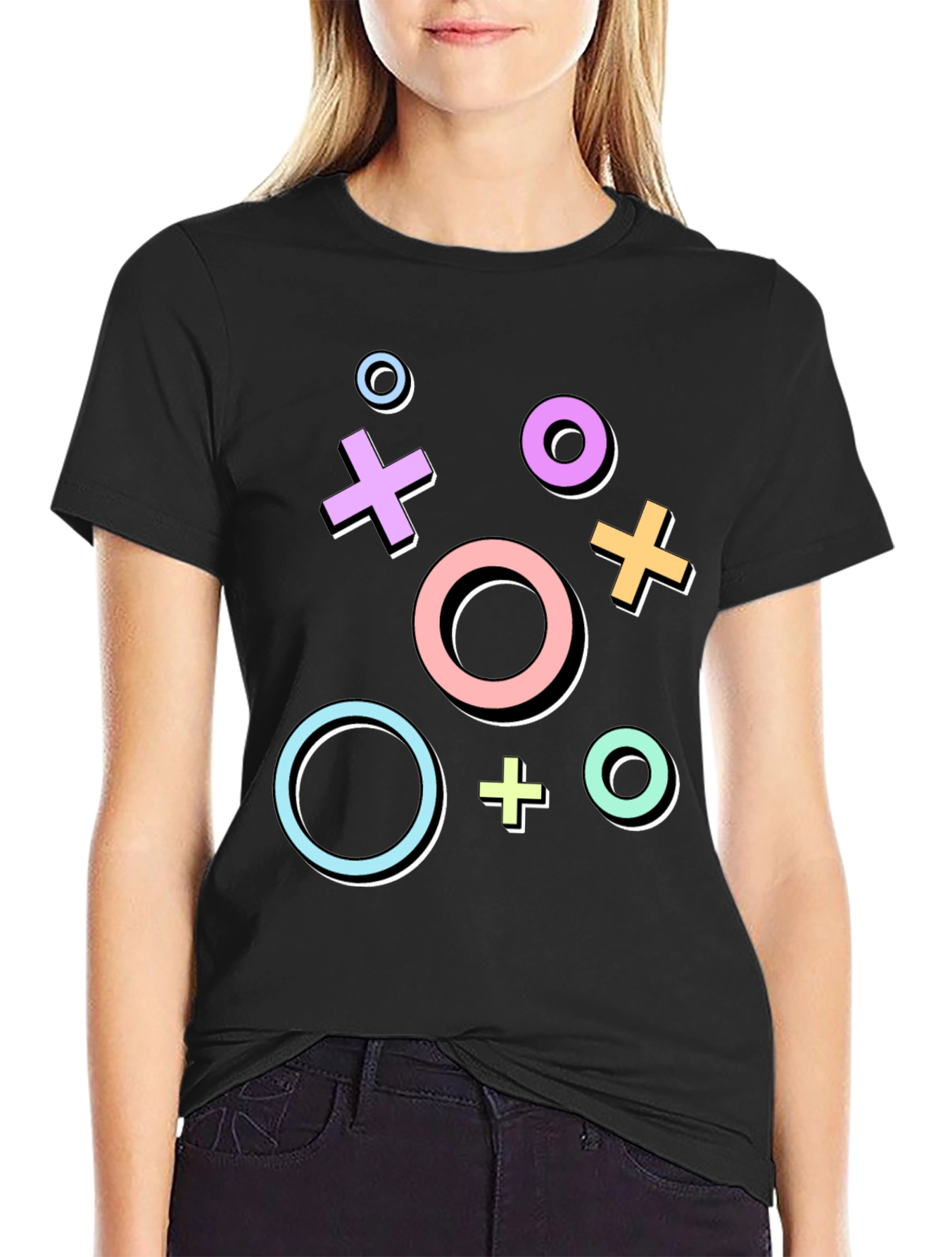 Retro Gaming Symbols Graphic Tee - Black Casual T-Shirt