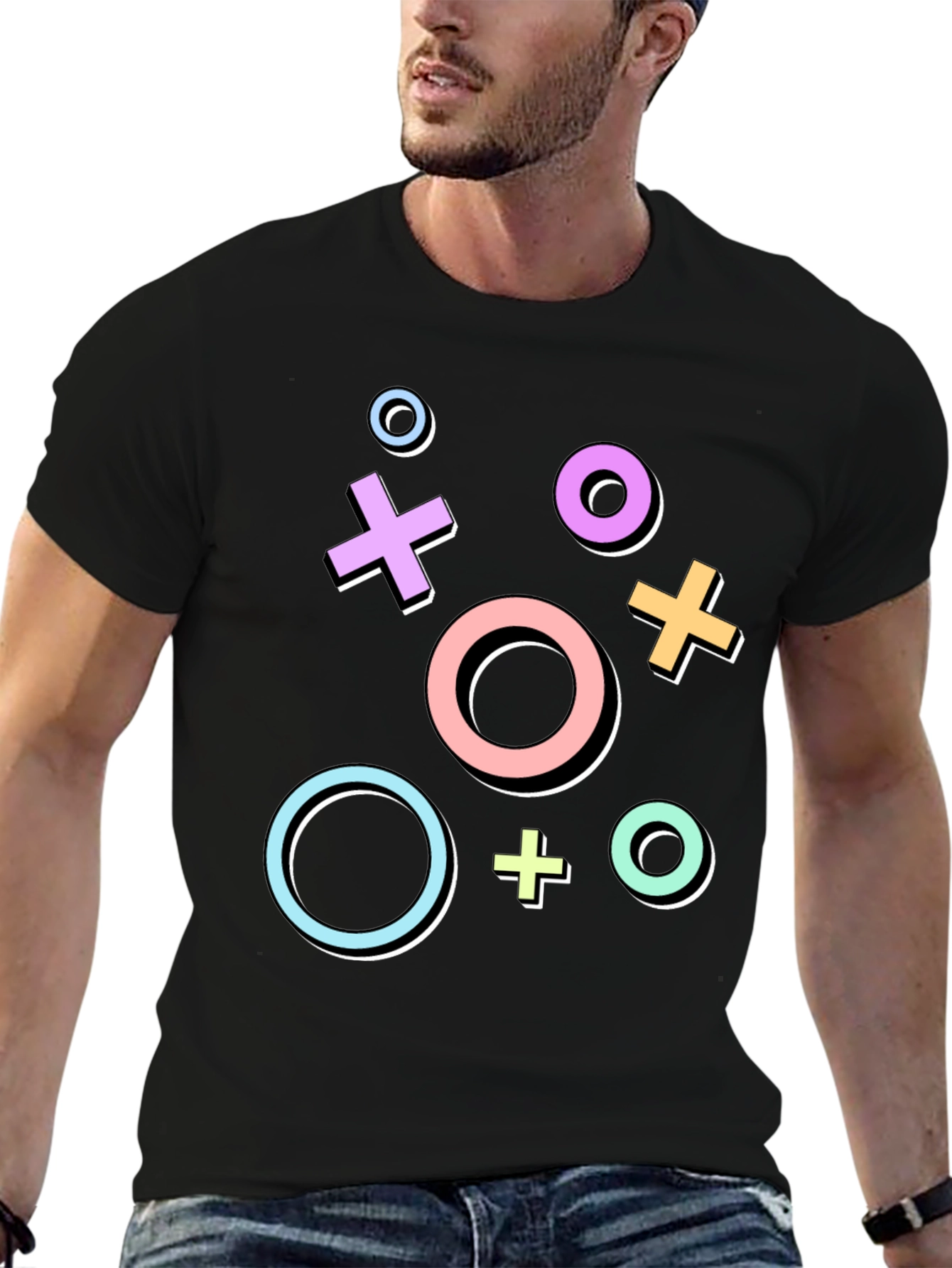 Retro Gaming Symbols Graphic Tee - Black Casual T-Shirt