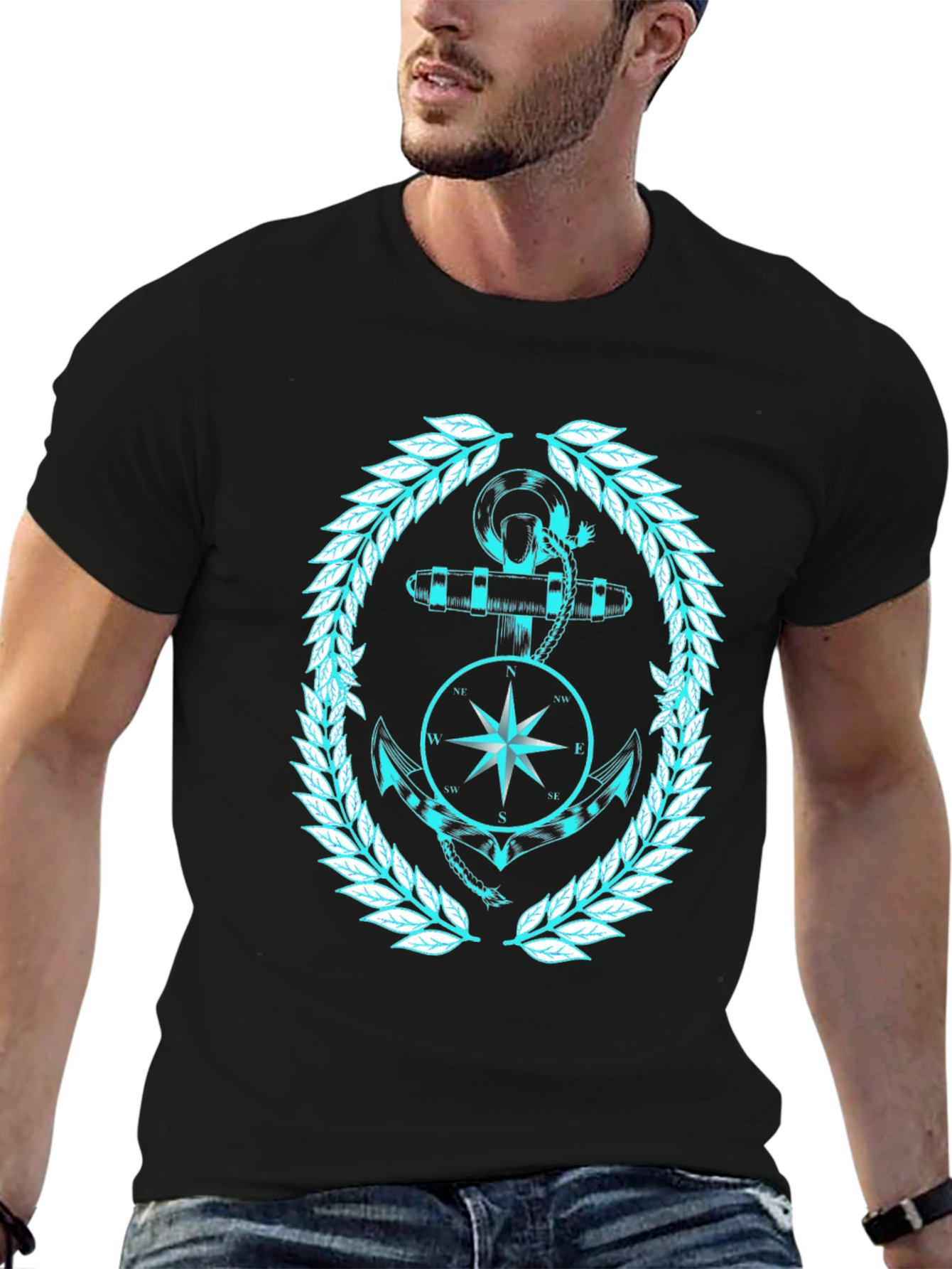 Nautical Anchor & Compass Graphic Black T-Shirt