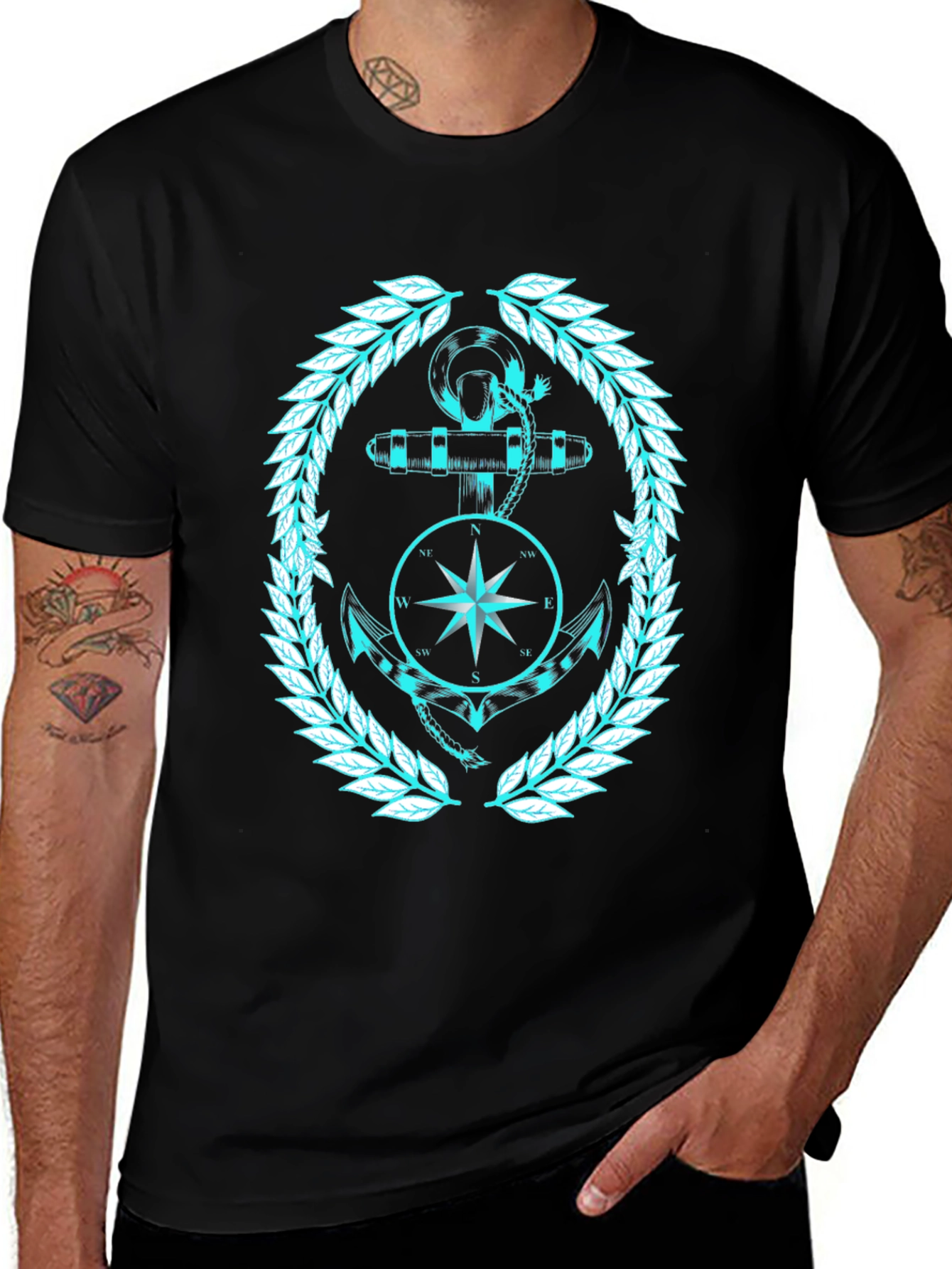 Nautical Anchor & Compass Graphic Black T-Shirt