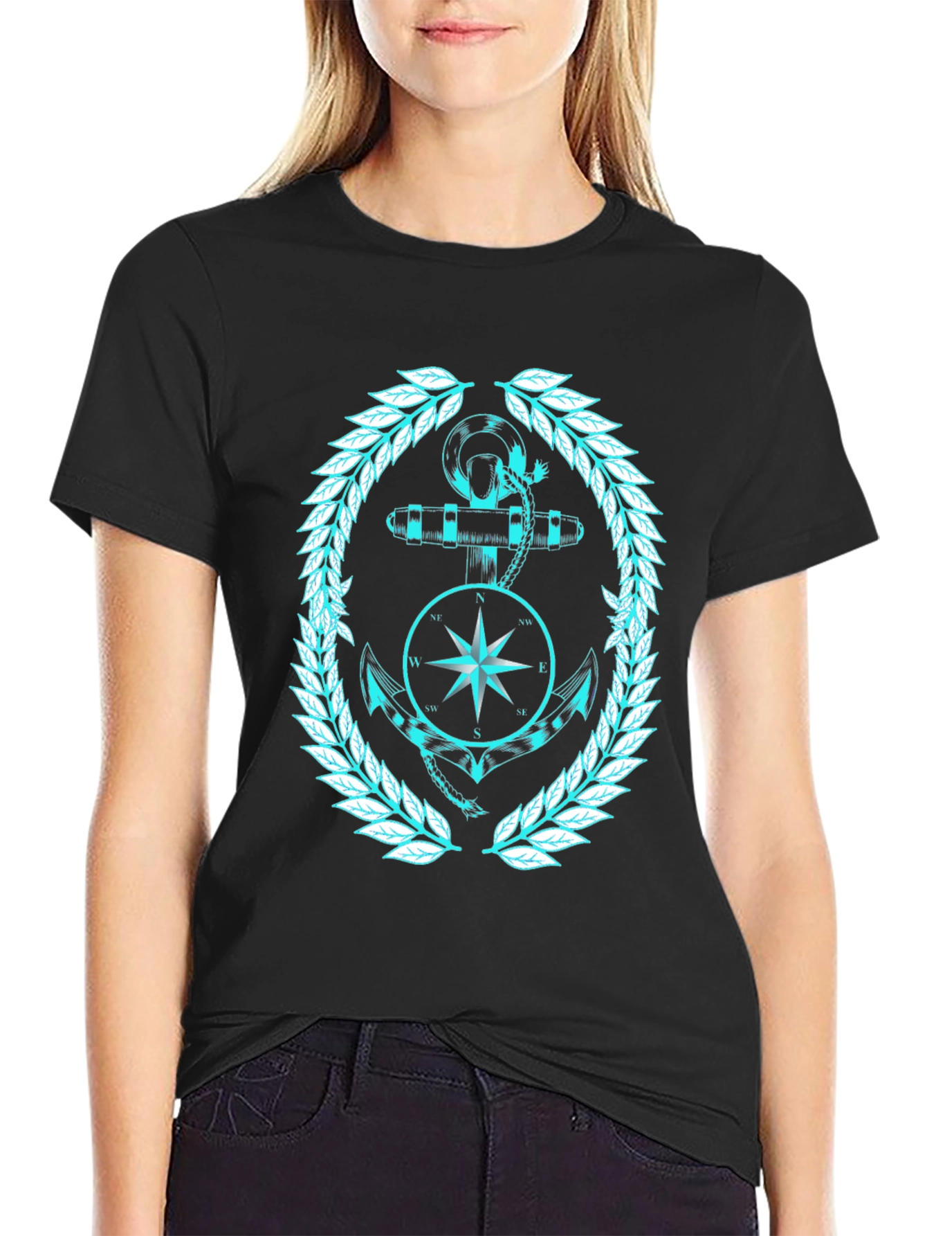 Nautical Anchor & Compass Graphic Black T-Shirt