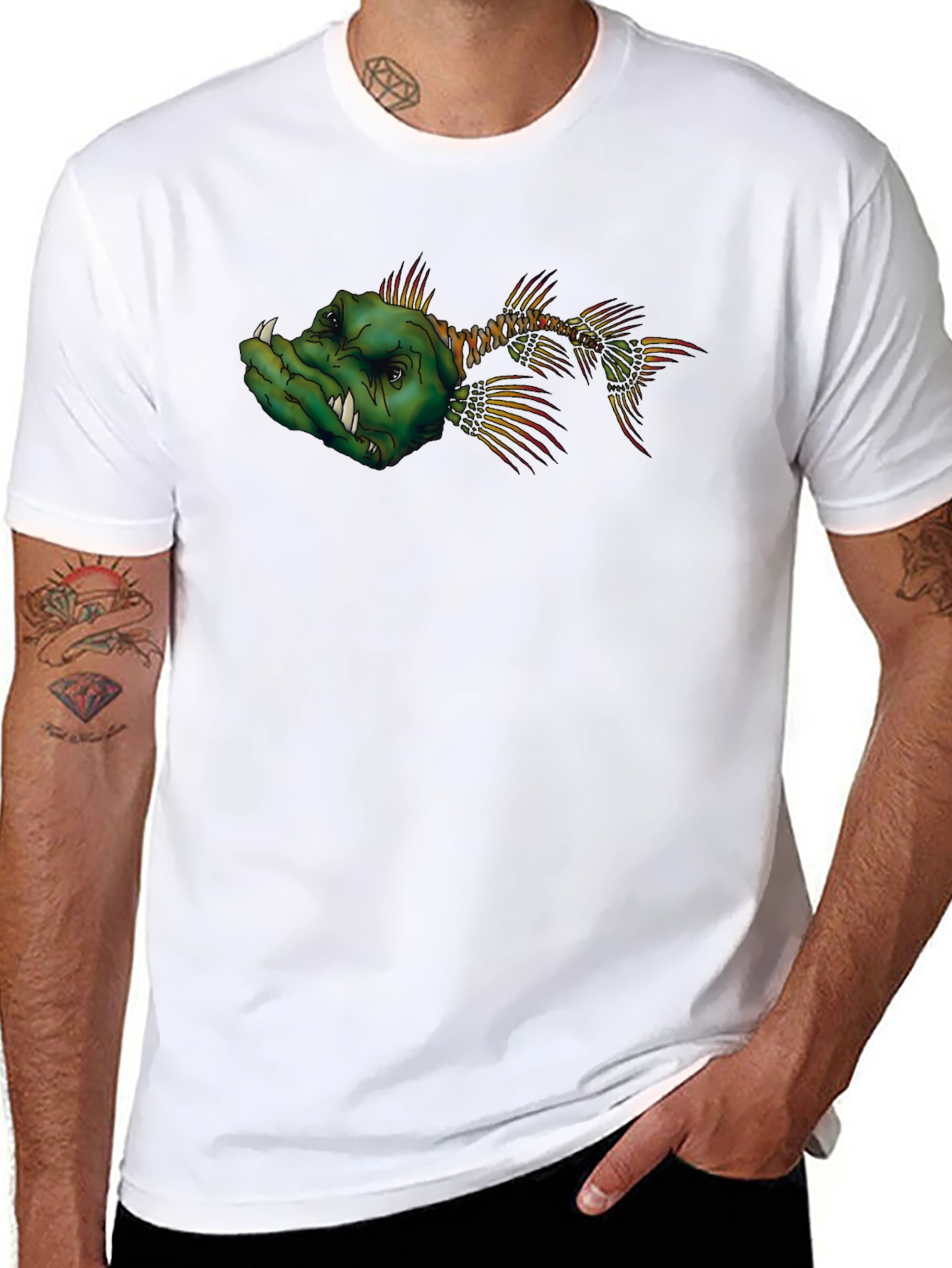 Mens Black T-Shirt with Cartoon Fish Graphic