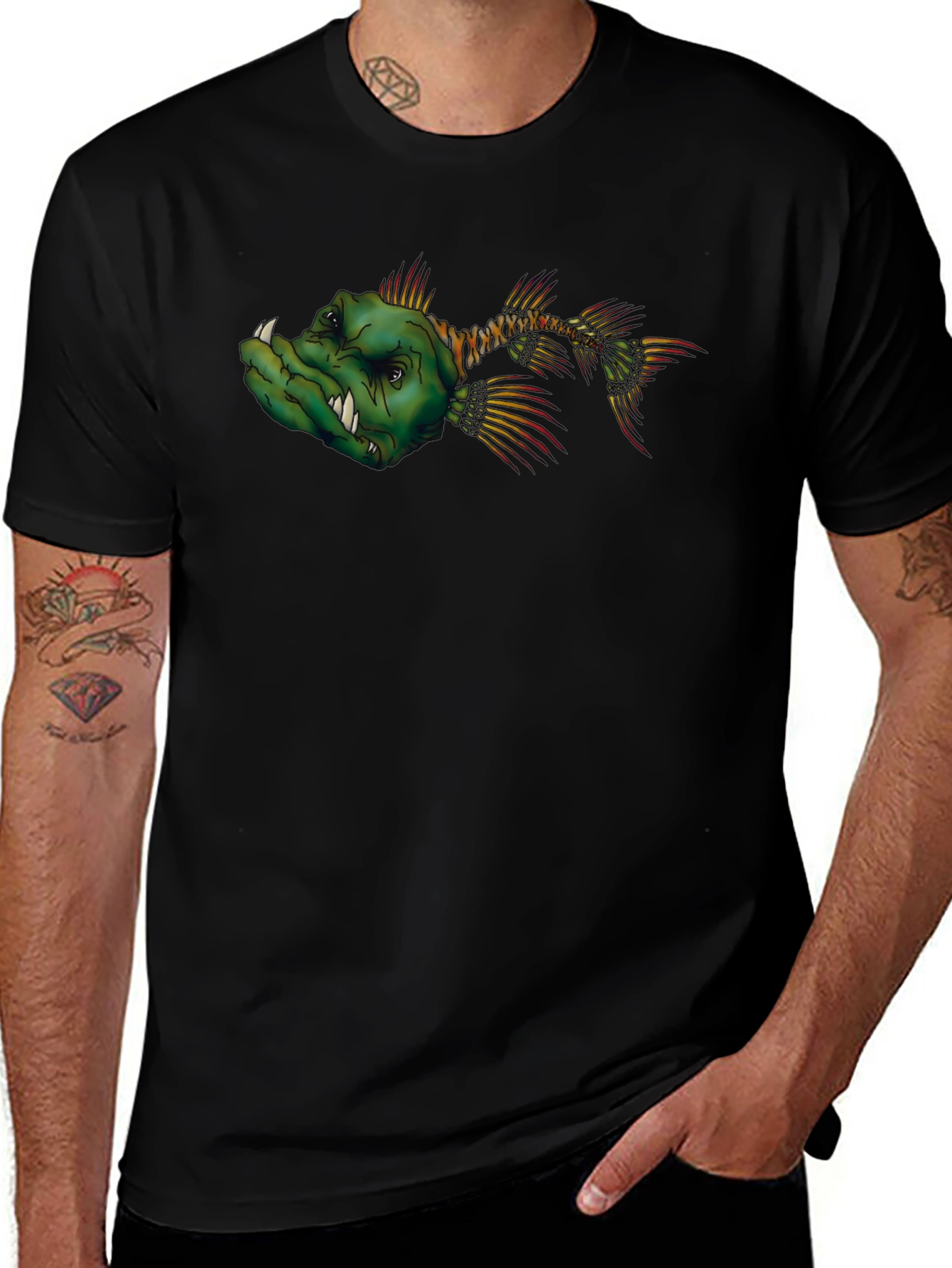 Mens Black T-Shirt with Cartoon Fish Graphic