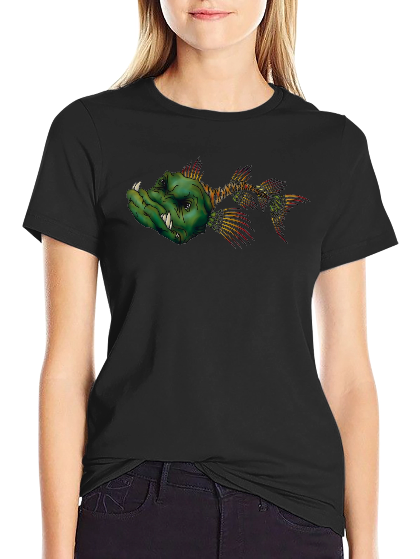 Mens Black T-Shirt with Cartoon Fish Graphic