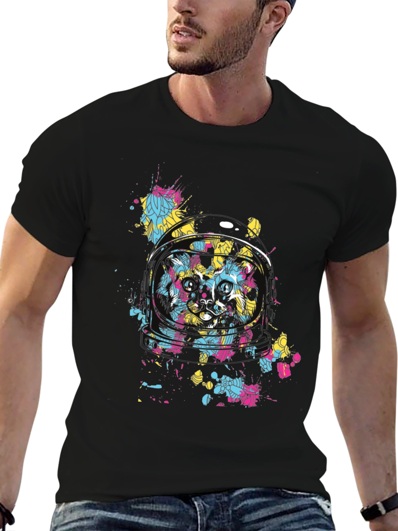 Astronaut Cat Graphic T-Shirt - Mens Black Tee