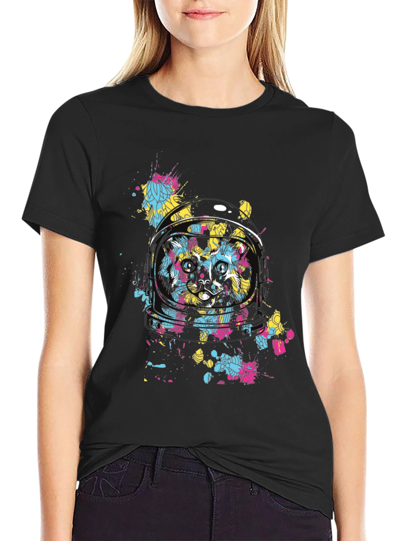 Astronaut Cat Graphic T-Shirt - Mens Black Tee