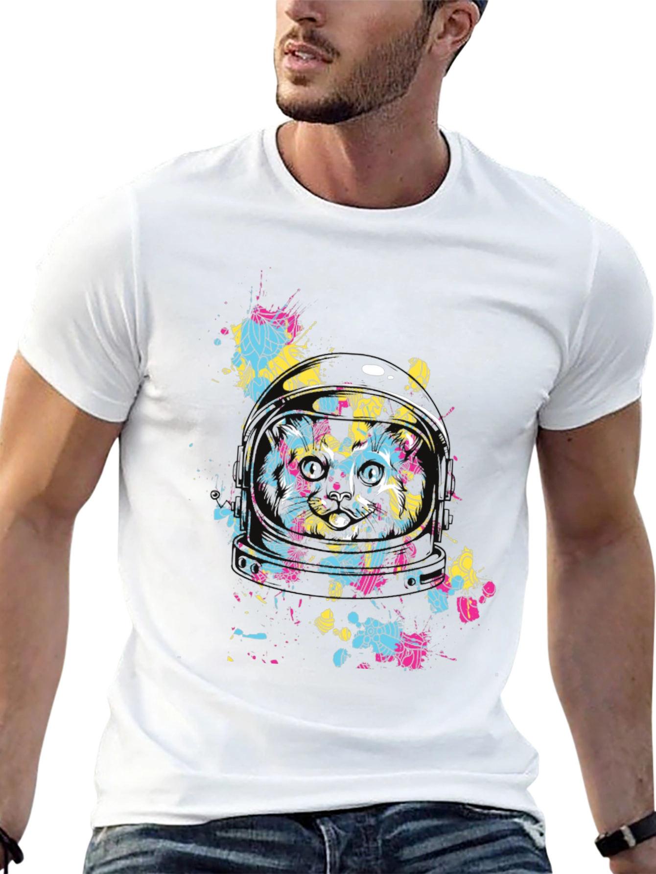 Astronaut Cat Graphic T-Shirt - Mens Black Tee