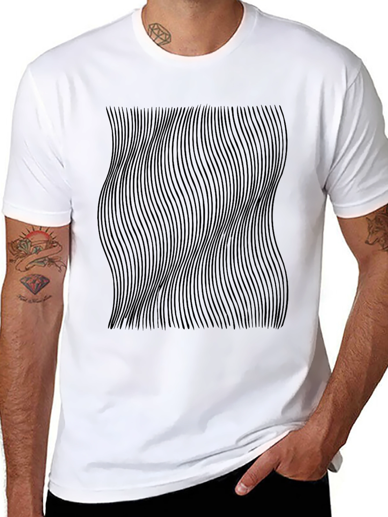 Optical Illusion Black T-Shirt - Wavy Lines Design