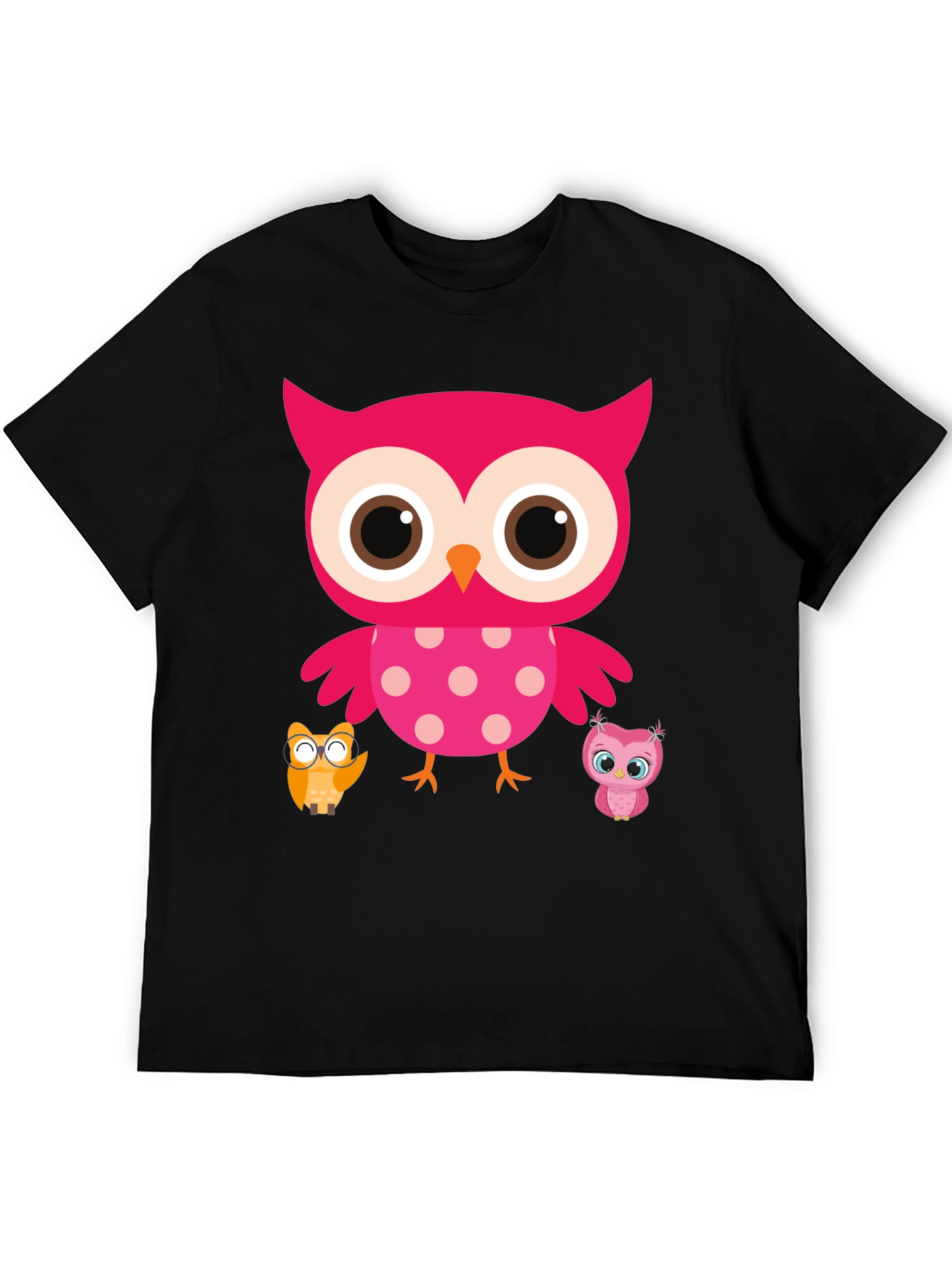 Cute Owl Family T-Shirt - Black Crew Neck Tee