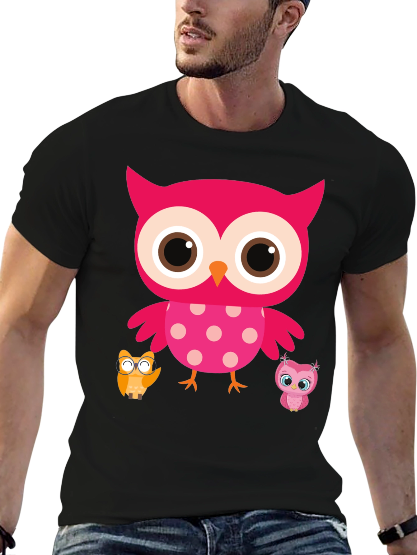 Cute Owl Family T-Shirt - Black Crew Neck Tee