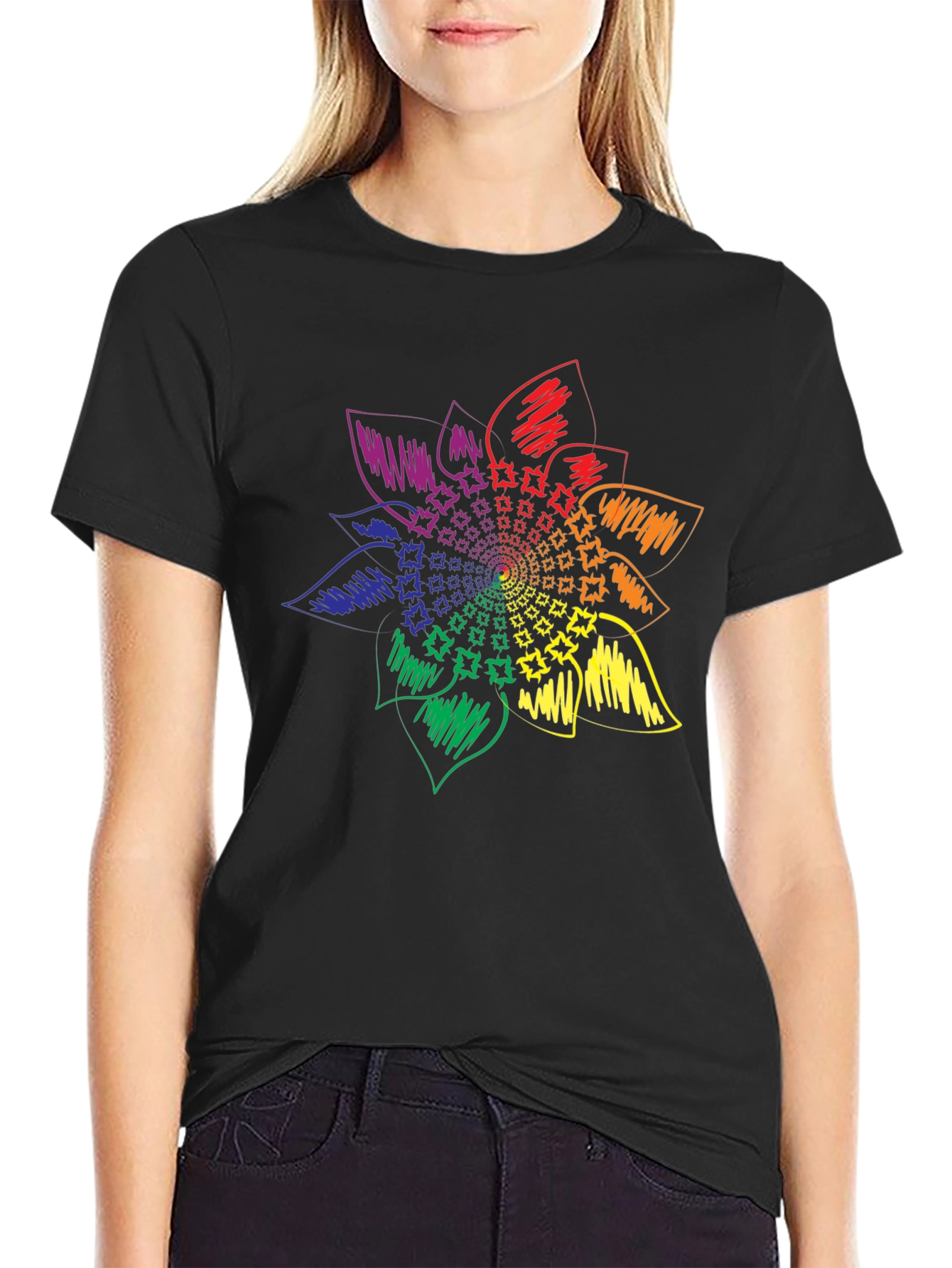Rainbow Flower Graphic Tee - Stylish Black T-Shirt