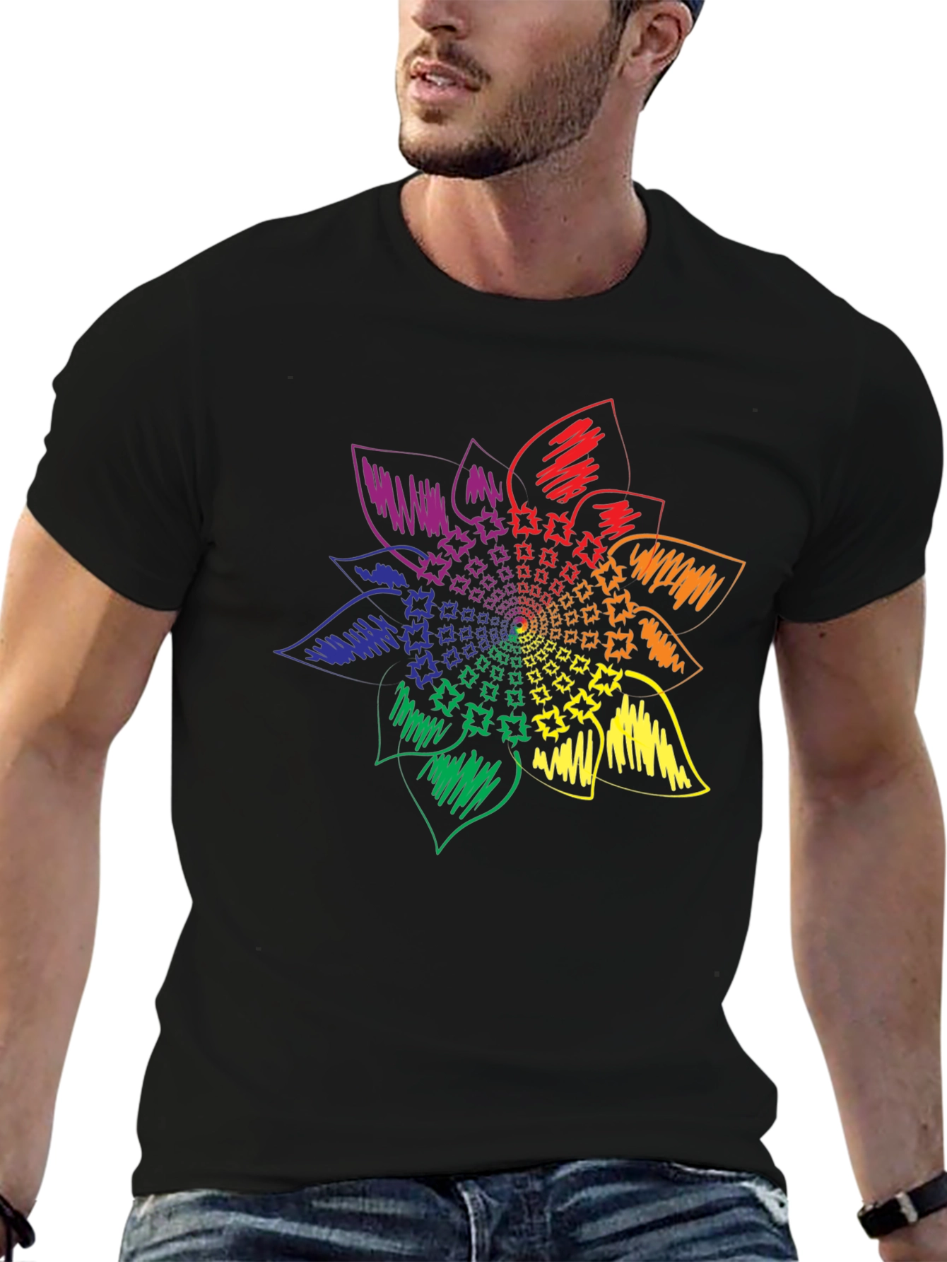 Rainbow Flower Graphic Tee - Stylish Black T-Shirt