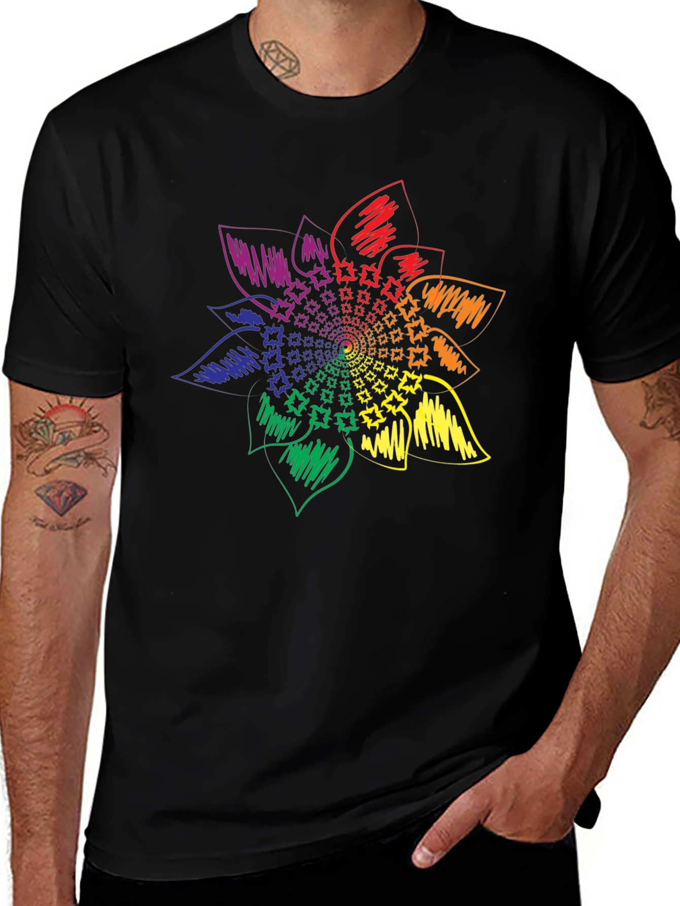 Rainbow Flower Graphic Tee - Stylish Black T-Shirt