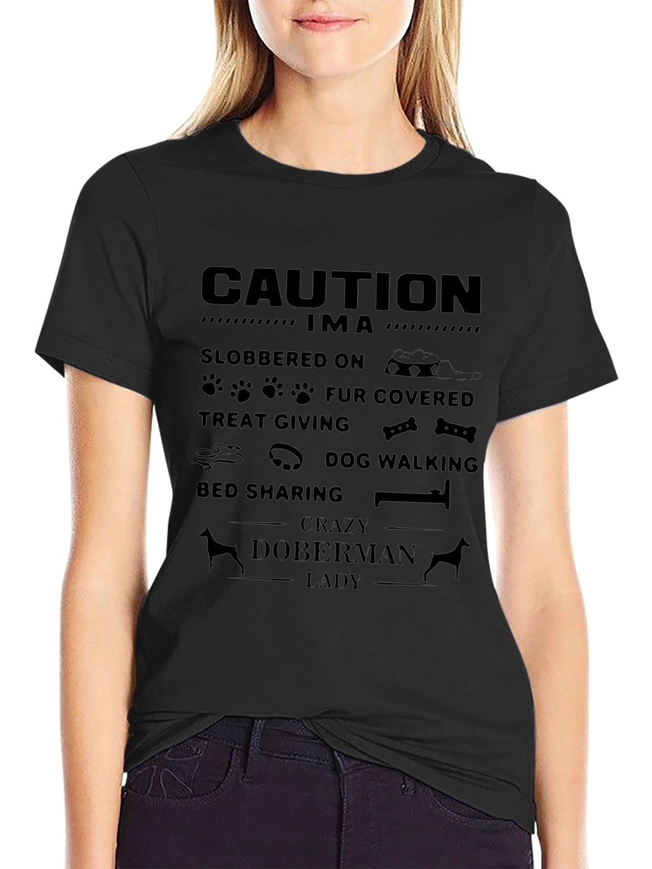 Crazy Doberman Lady Graphic T-Shirt - Black