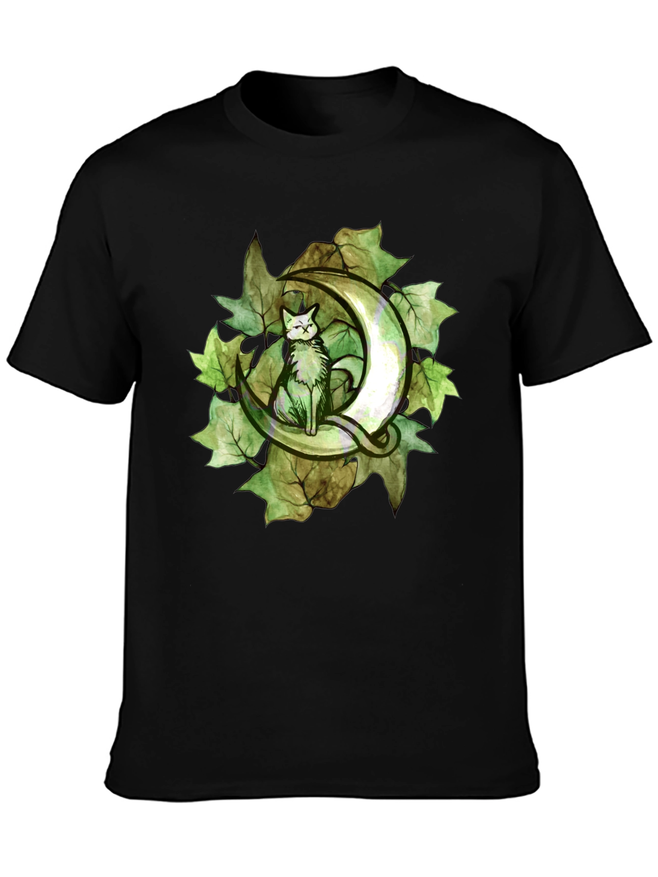 Cat on Crescent Moon T-Shirt - Green Leaf Design