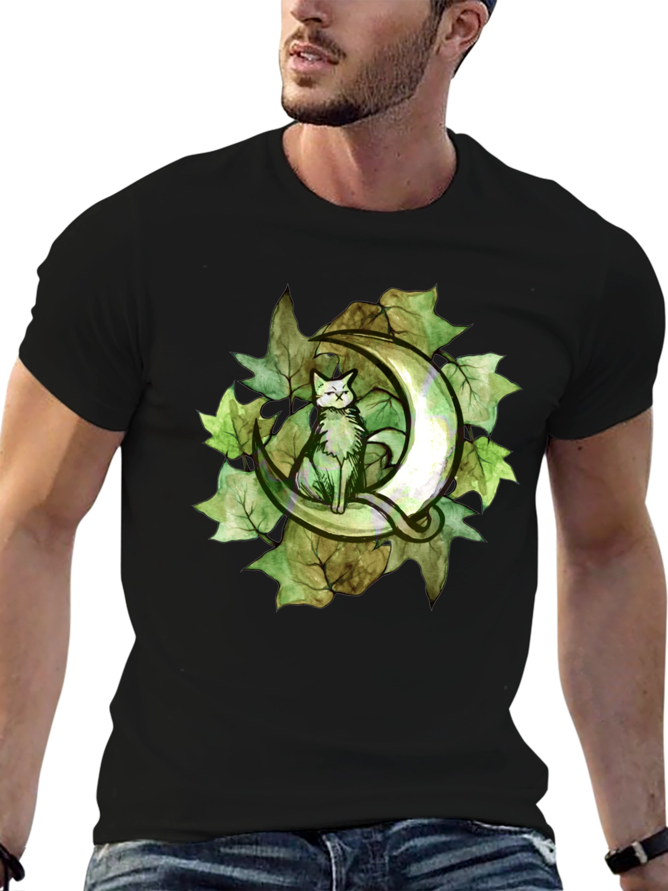 Cat on Crescent Moon T-Shirt - Green Leaf Design