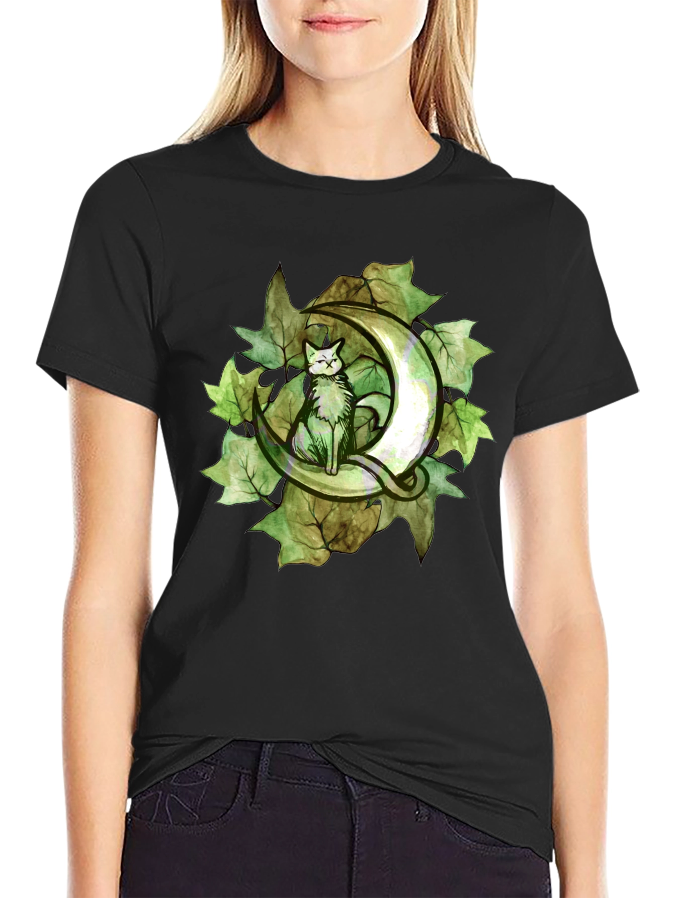 Cat on Crescent Moon T-Shirt - Green Leaf Design