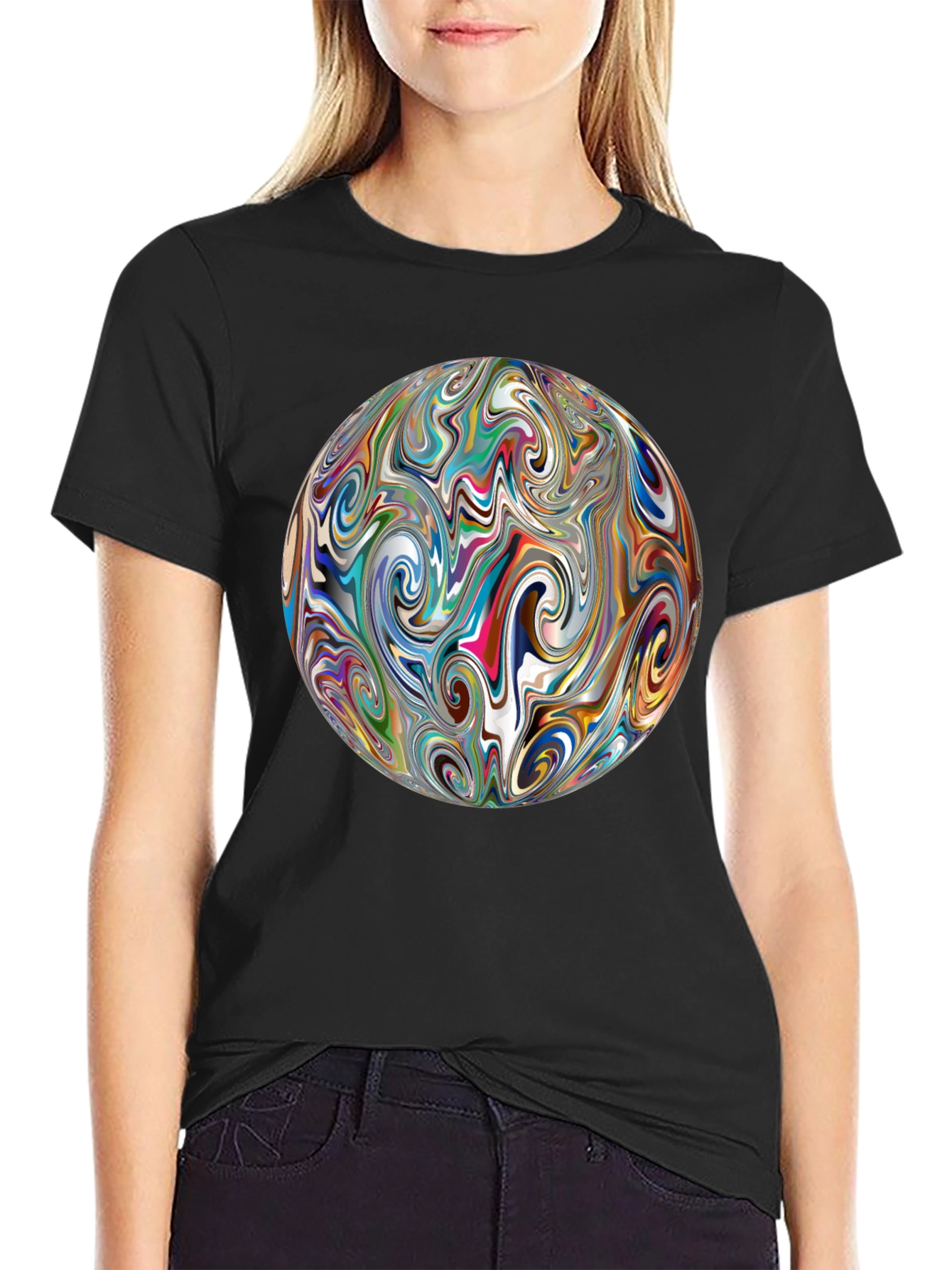 Abstract Swirl Sphere Graphic Black T-Shirt