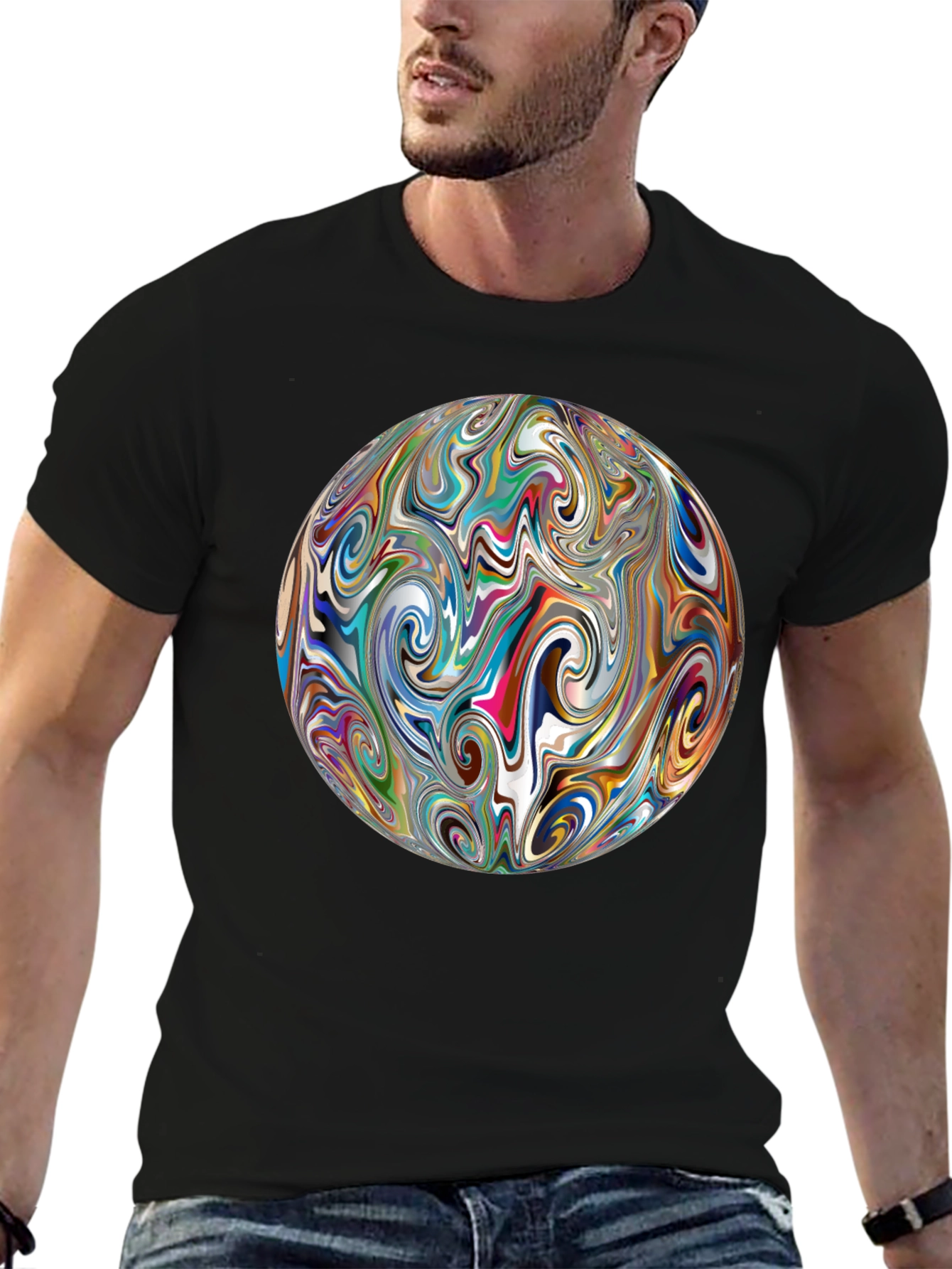 Abstract Swirl Sphere Graphic Black T-Shirt