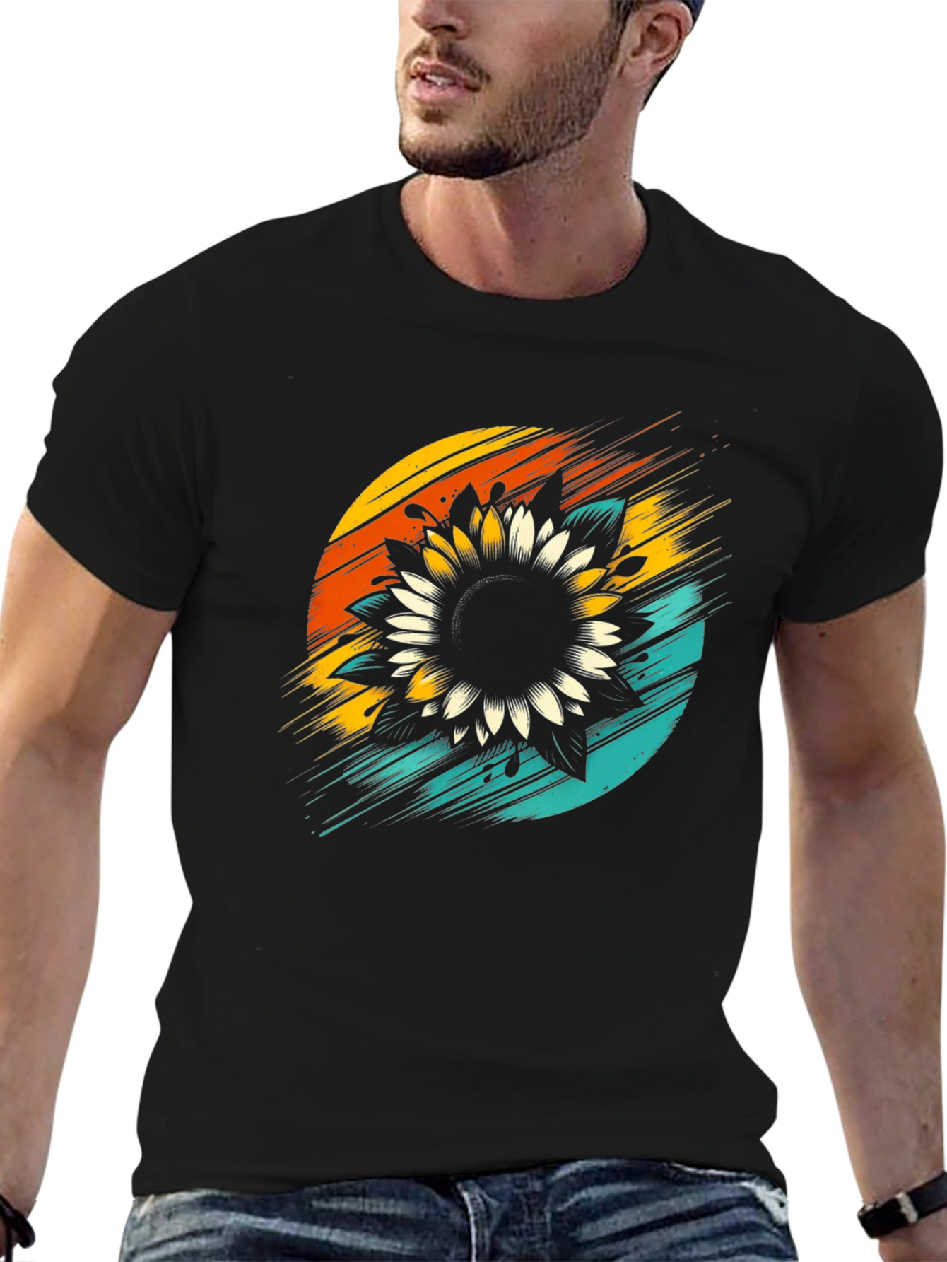 Sunflower Graphic Tee - Retro Style Black T-Shirt