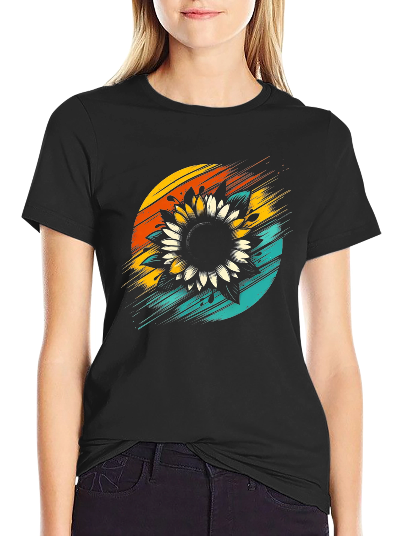 Sunflower Graphic Tee - Retro Style Black T-Shirt