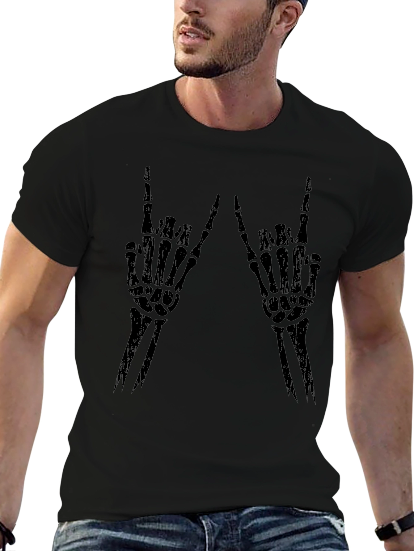 Rock On Skeleton Hand T-Shirt - Black Graphic Tee