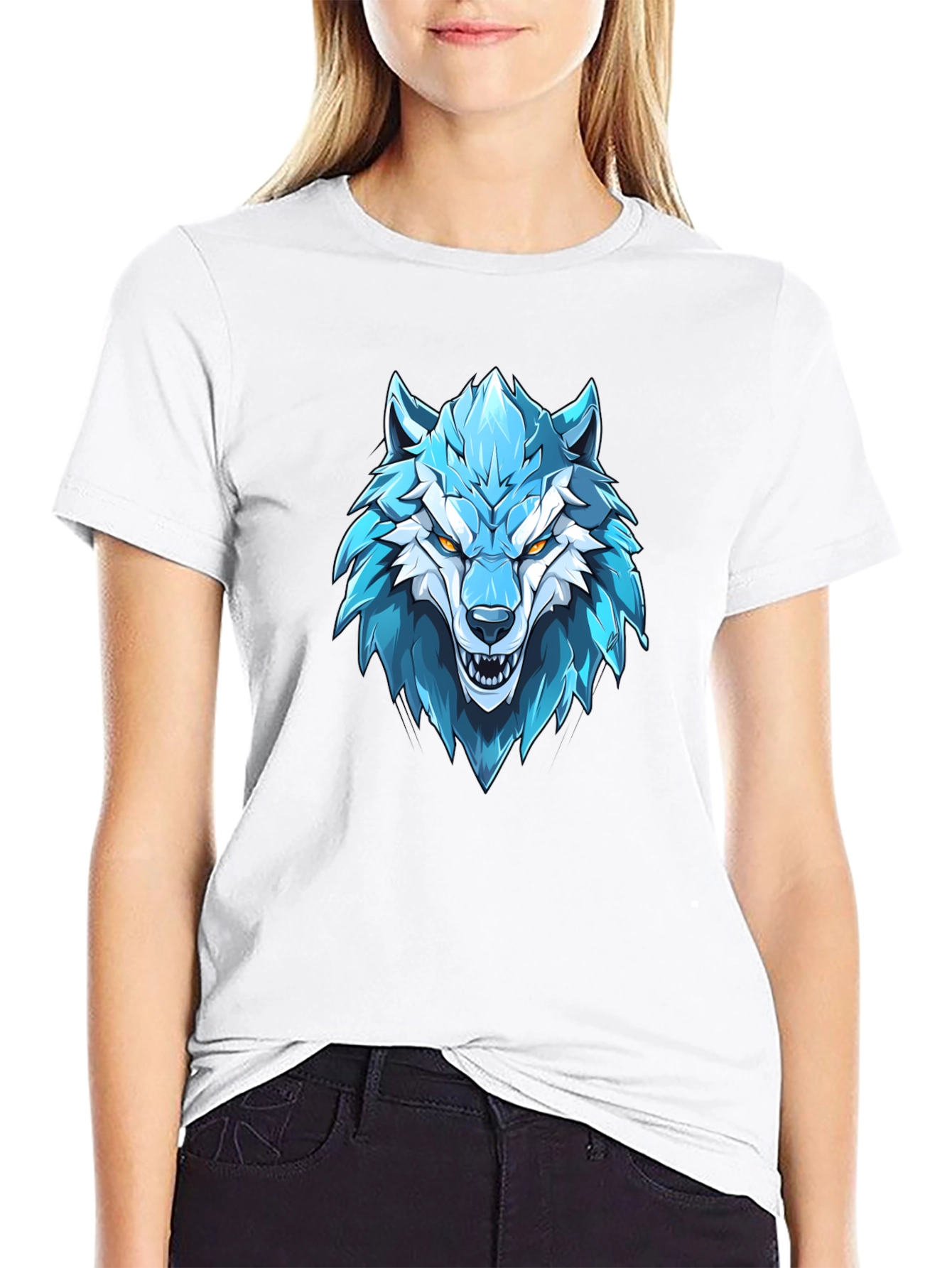 Blue Wolf Graphic Print Black T-Shirt