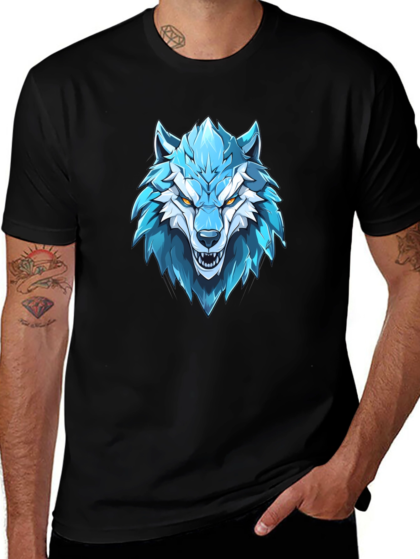 Blue Wolf Graphic Print Black T-Shirt