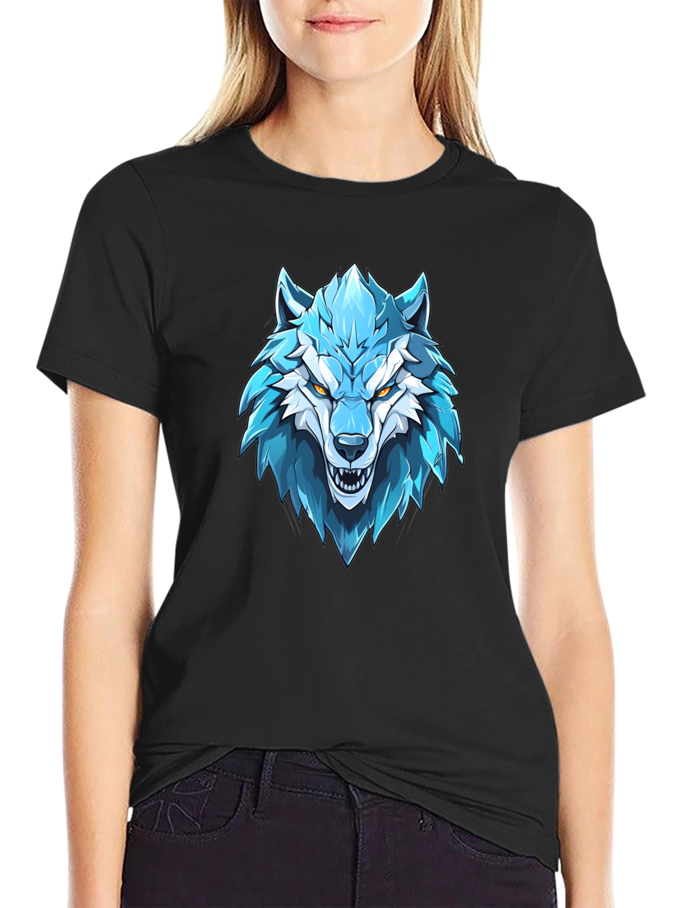 Blue Wolf Graphic Print Black T-Shirt