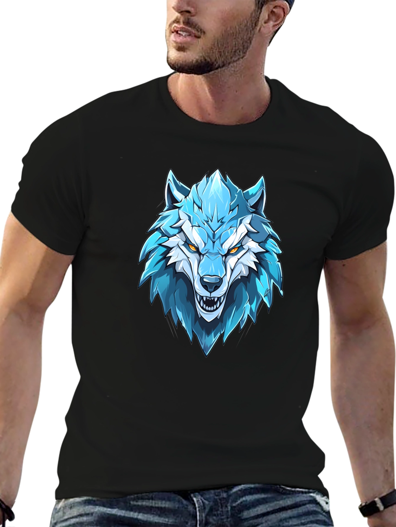 Blue Wolf Graphic Print Black T-Shirt