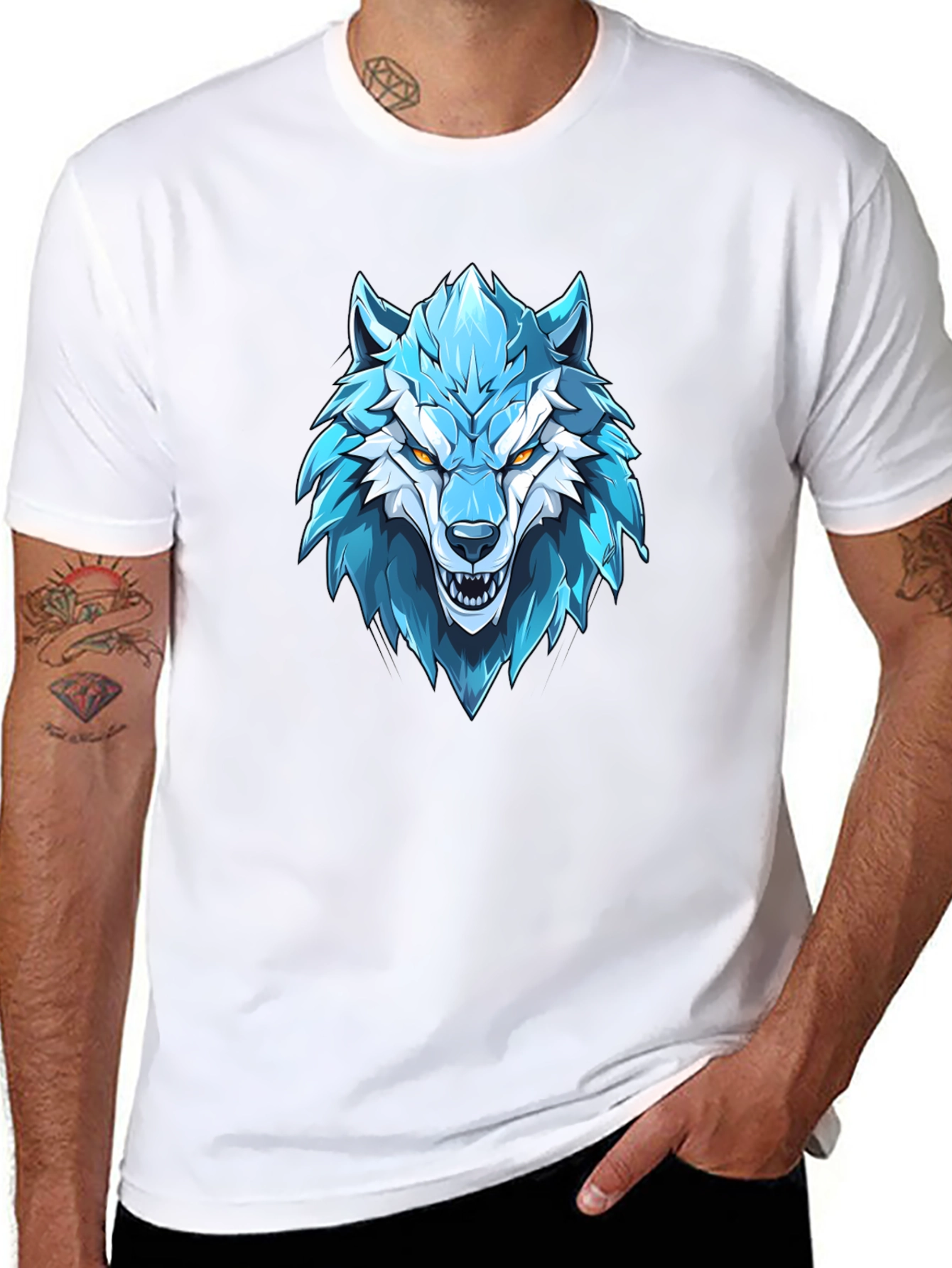Blue Wolf Graphic Print Black T-Shirt