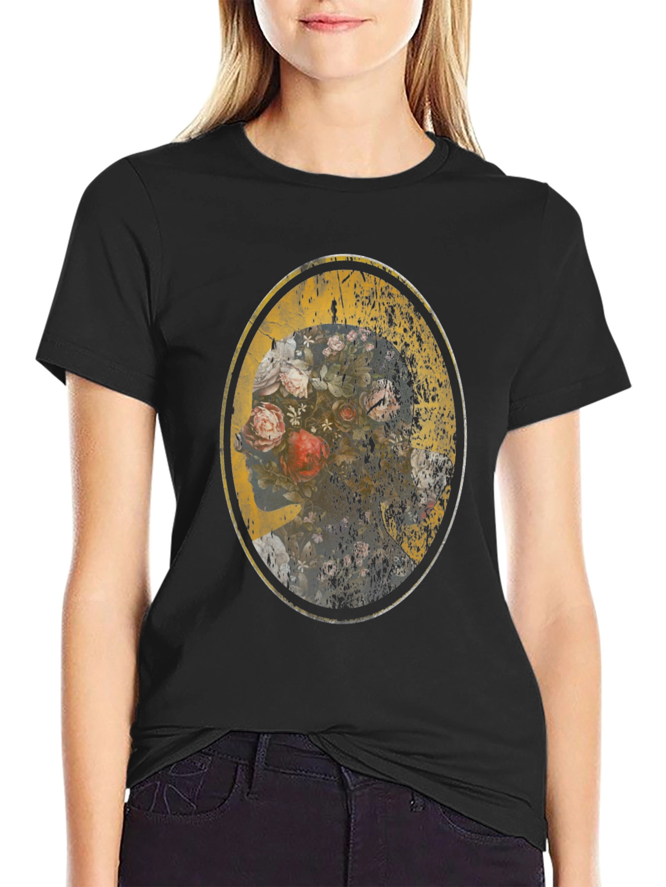Floral Skull Graphic Black T-Shirt
