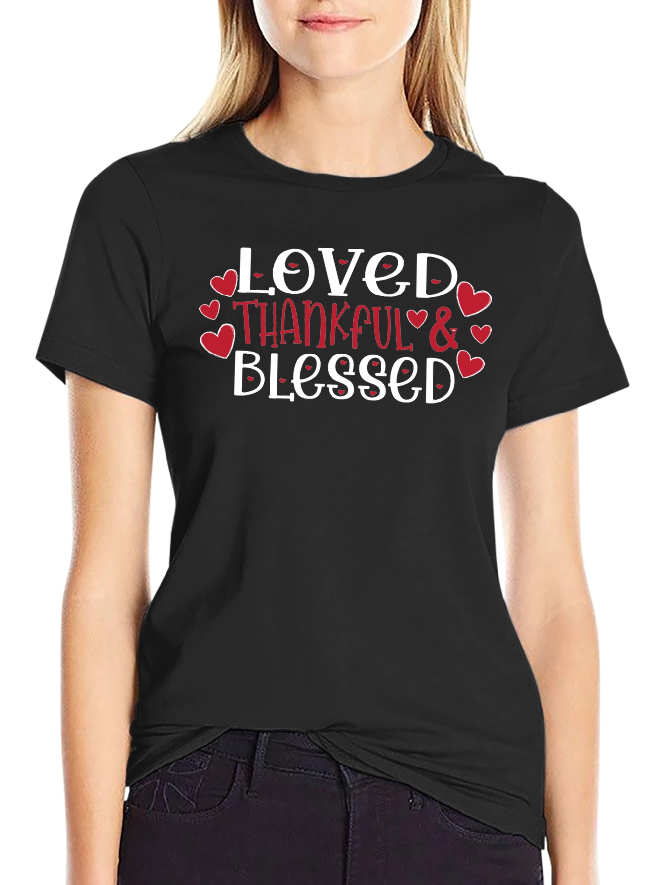 Loved Thankful Blessed Graphic Tee - Black Cotton