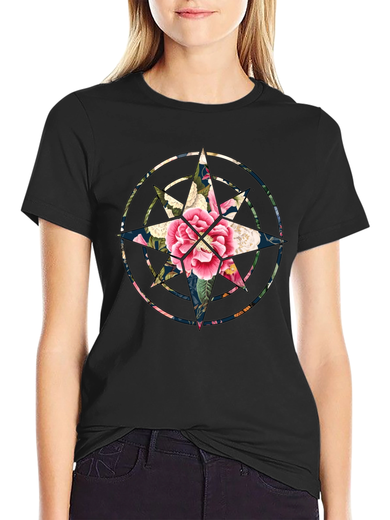 Floral Compass Black T-Shirt