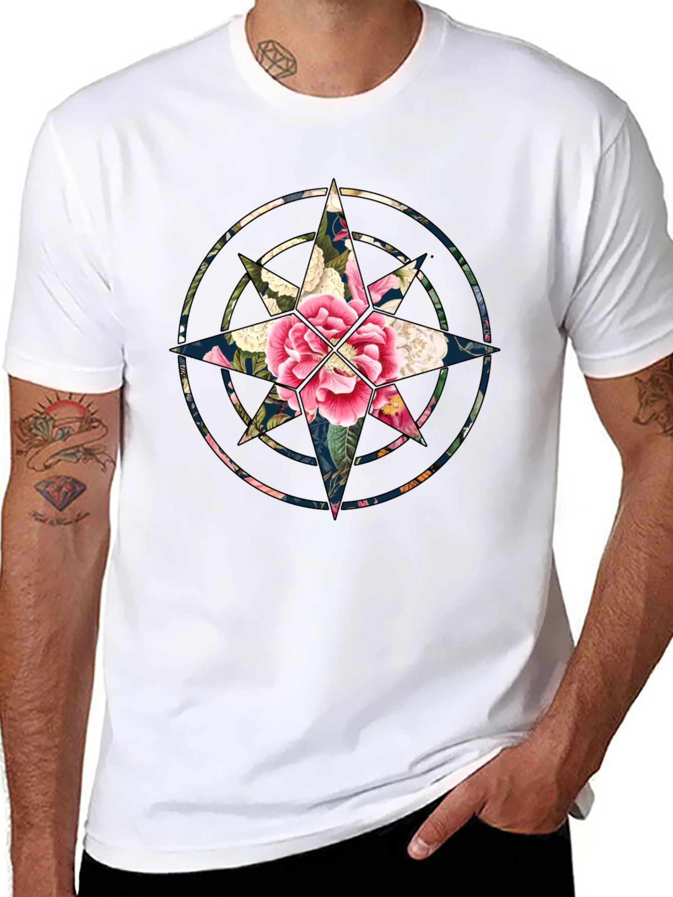 Floral Compass Black T-Shirt