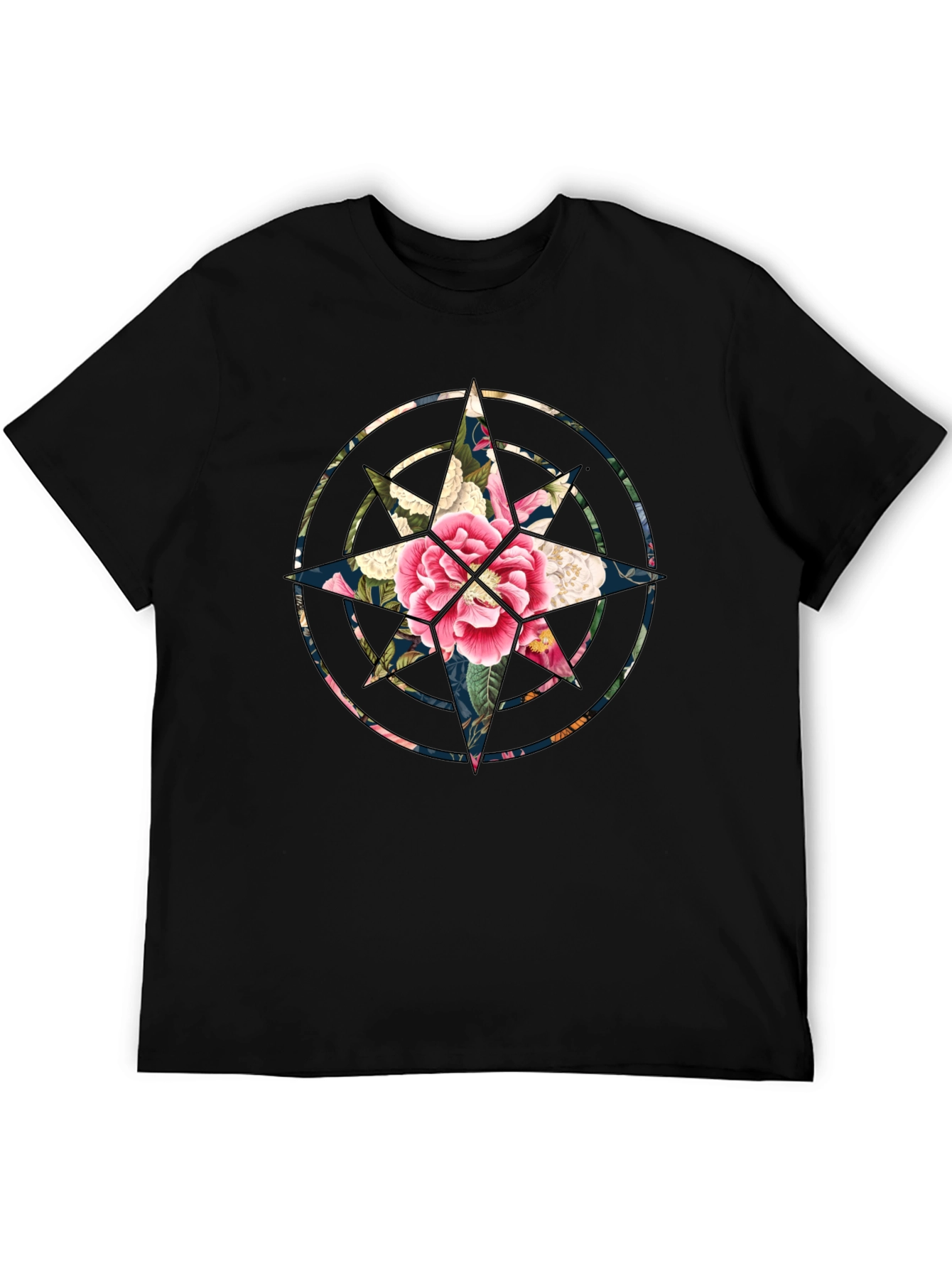 Floral Compass Black T-Shirt