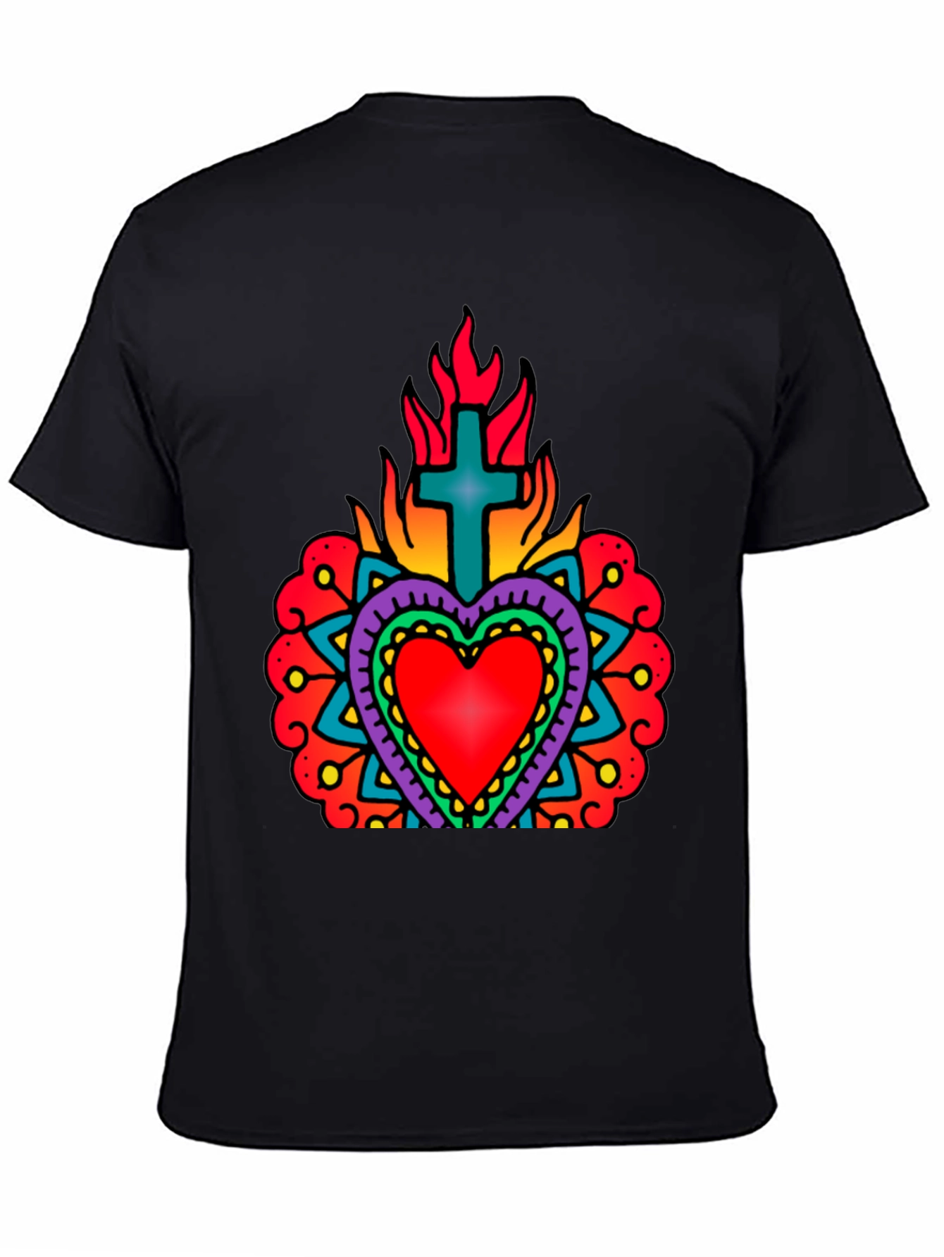 Flaming Sacred Heart Graphic Tee - Black