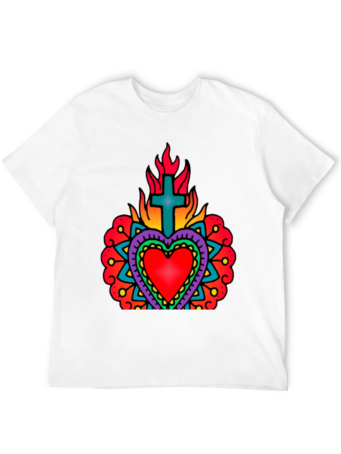 Flaming Sacred Heart Graphic Tee - Black