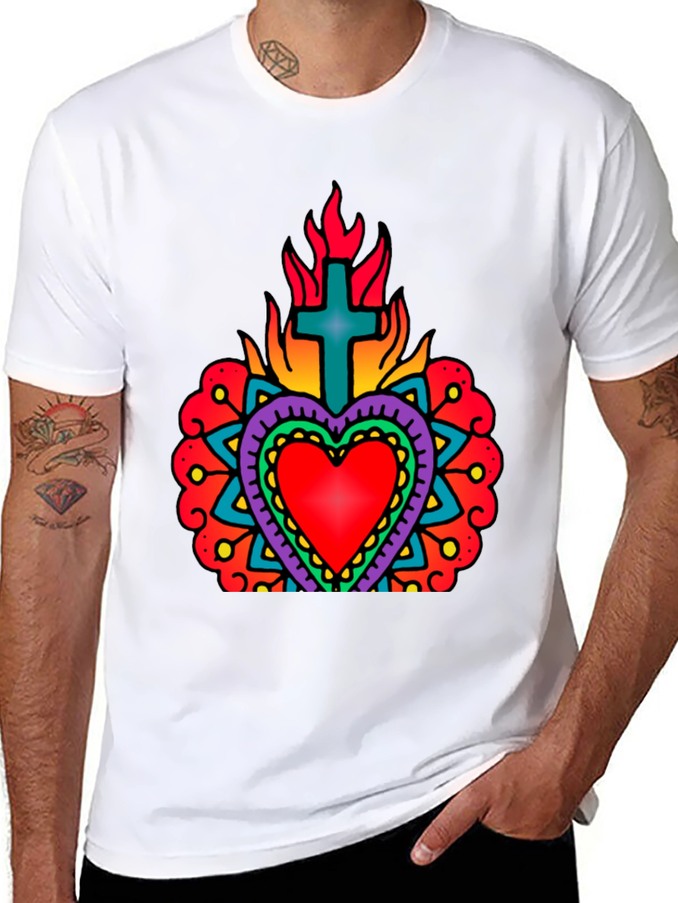 Flaming Sacred Heart Graphic Tee - Black