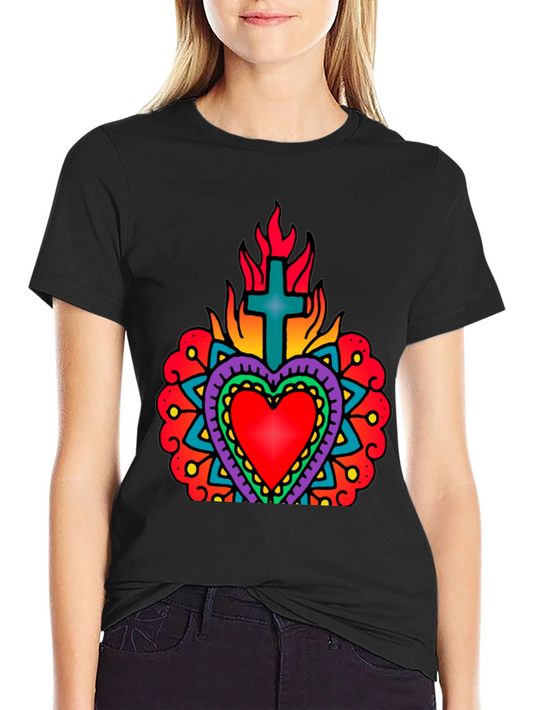 Flaming Sacred Heart Graphic Tee - Black