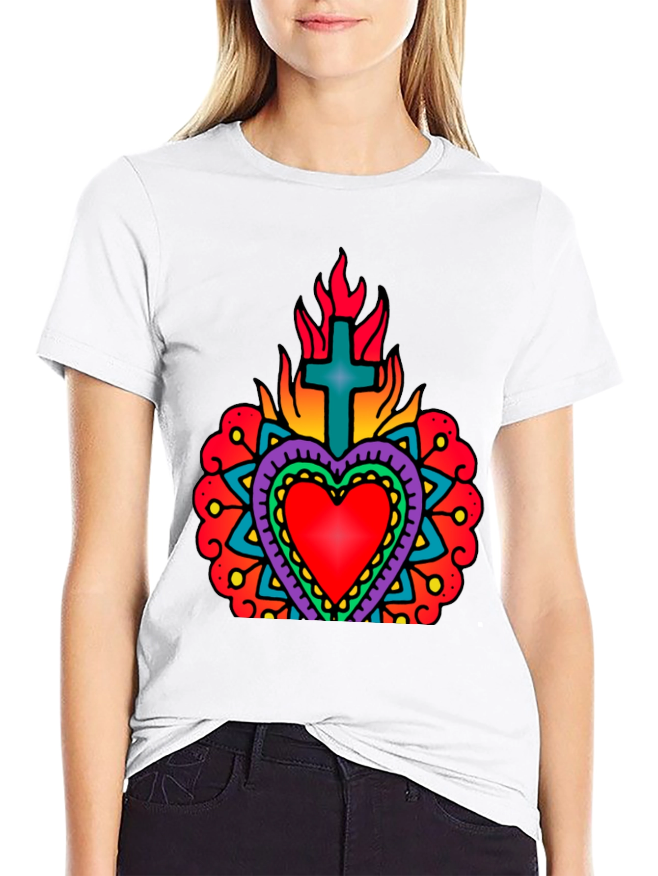 Flaming Sacred Heart Graphic Tee - Black