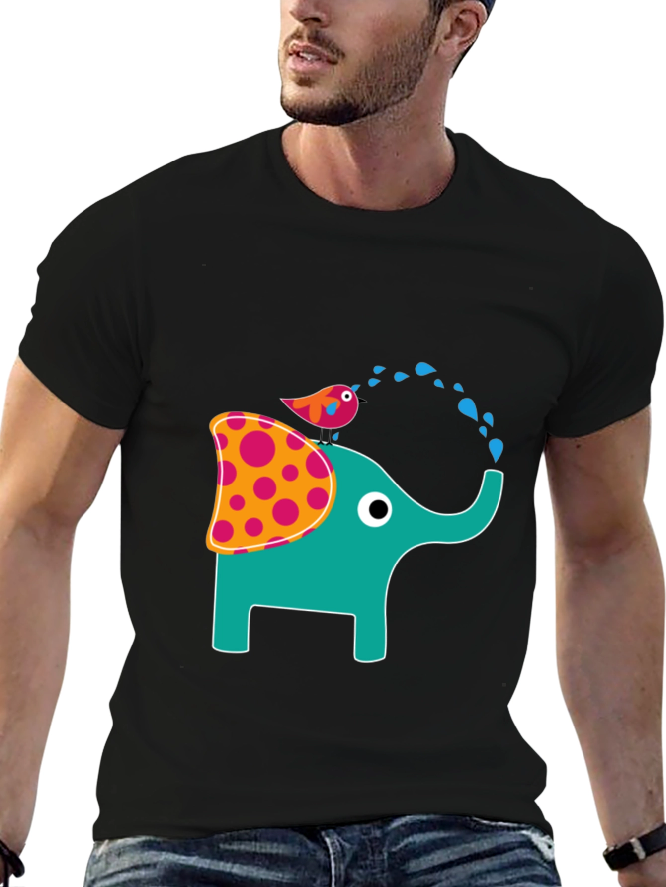 Elephant & Bird Graphic Print Black T-Shirt