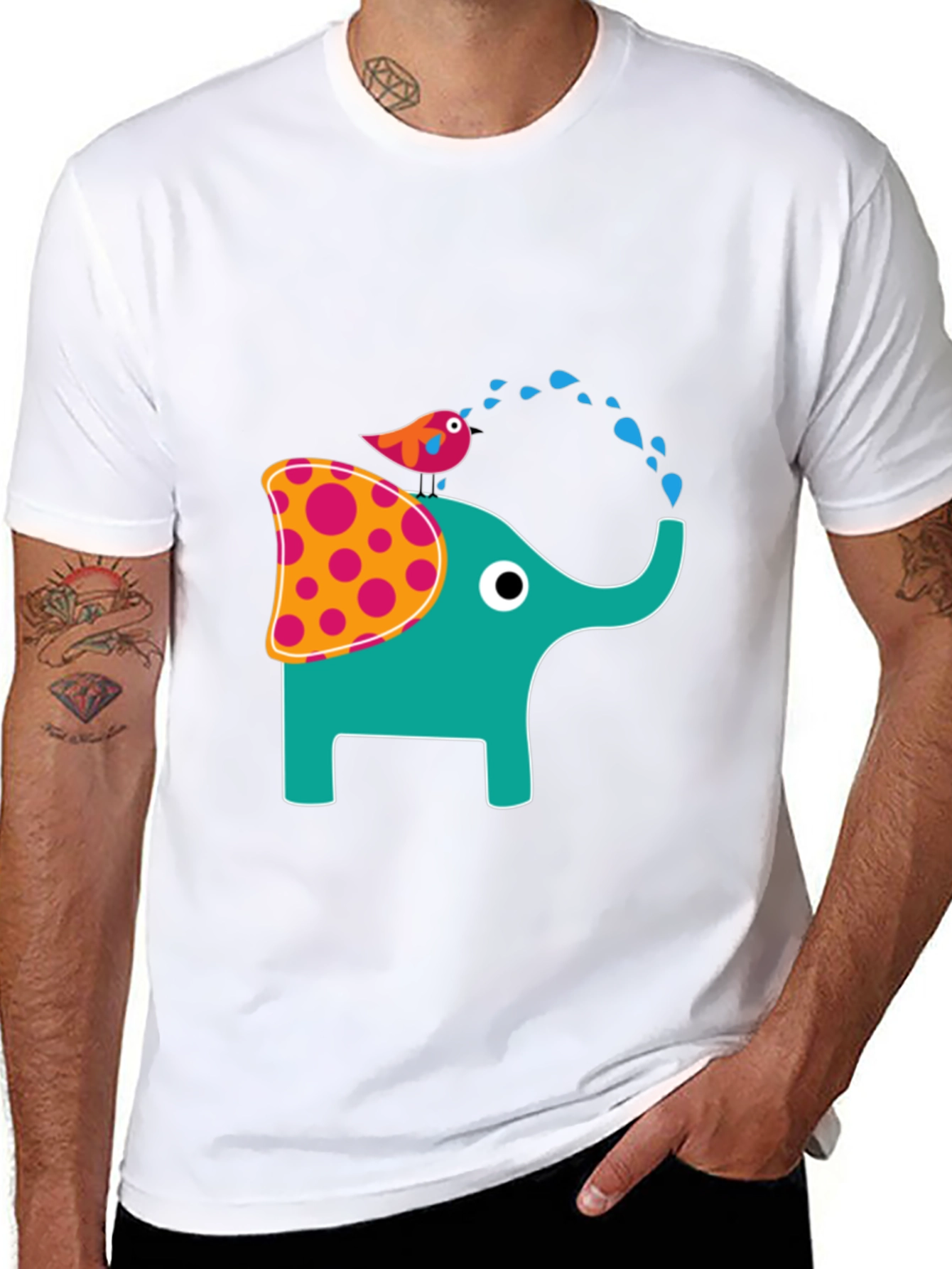 Elephant & Bird Graphic Print Black T-Shirt