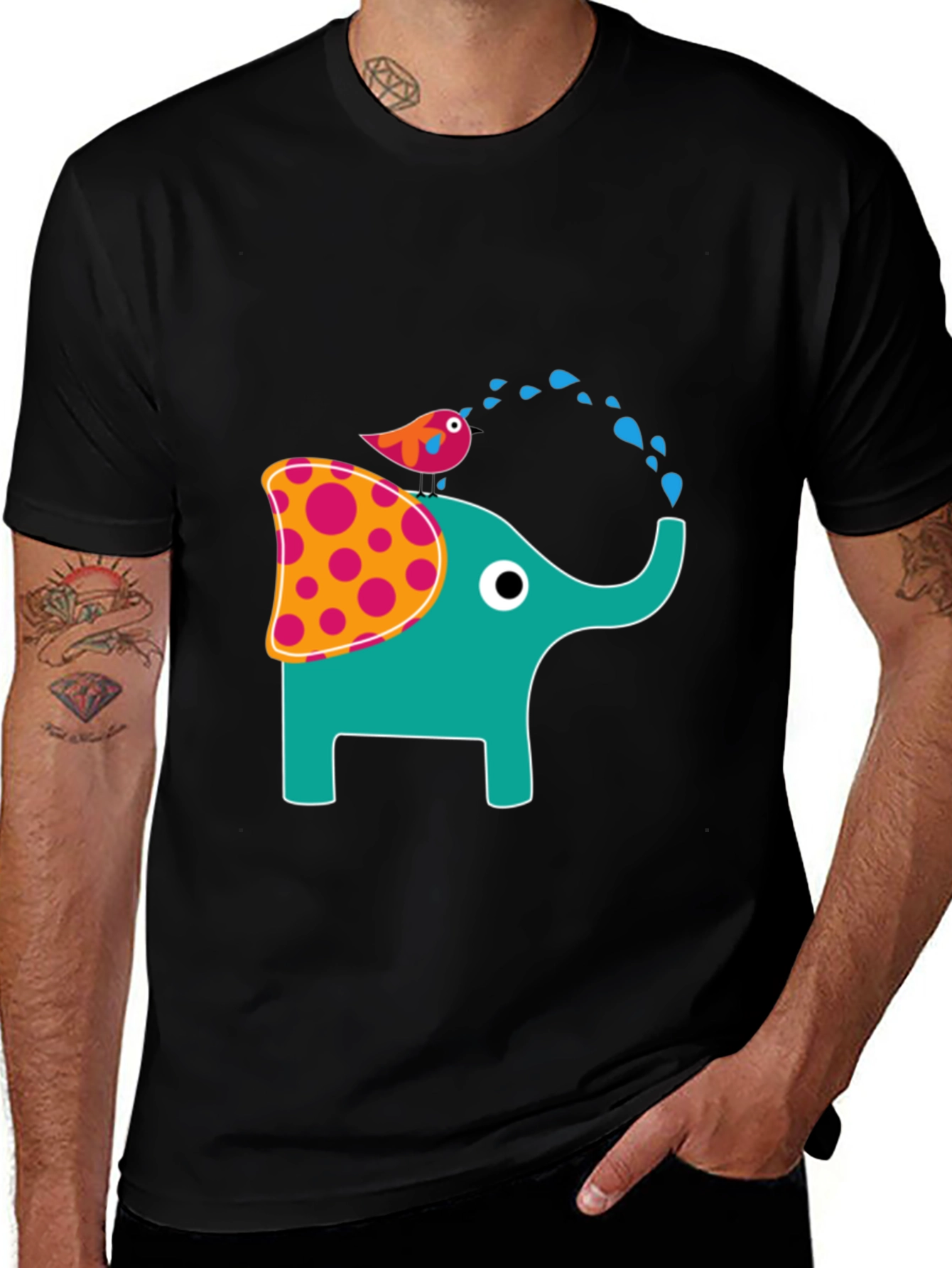 Elephant & Bird Graphic Print Black T-Shirt