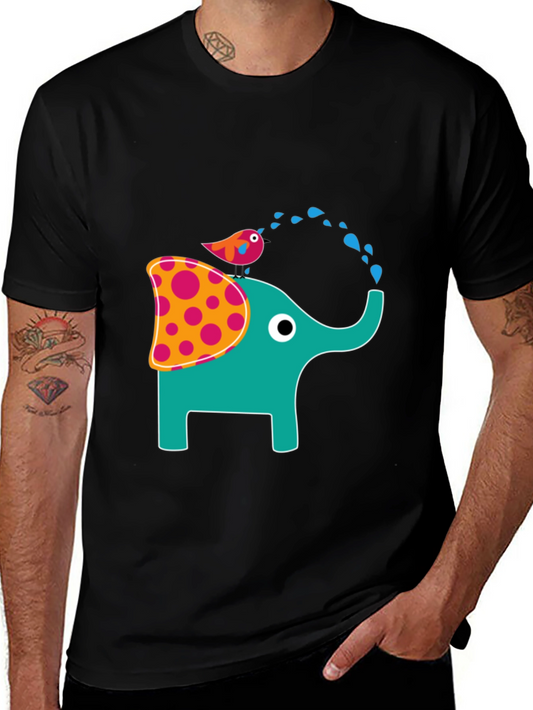 Elephant & Bird Graphic Print Black T-Shirt