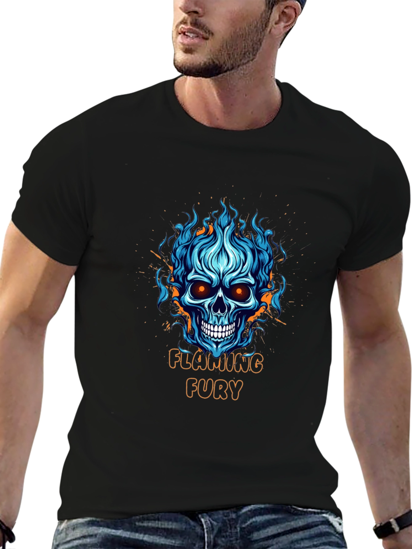 Flaming Fury Skull Graphic Black T-Shirt