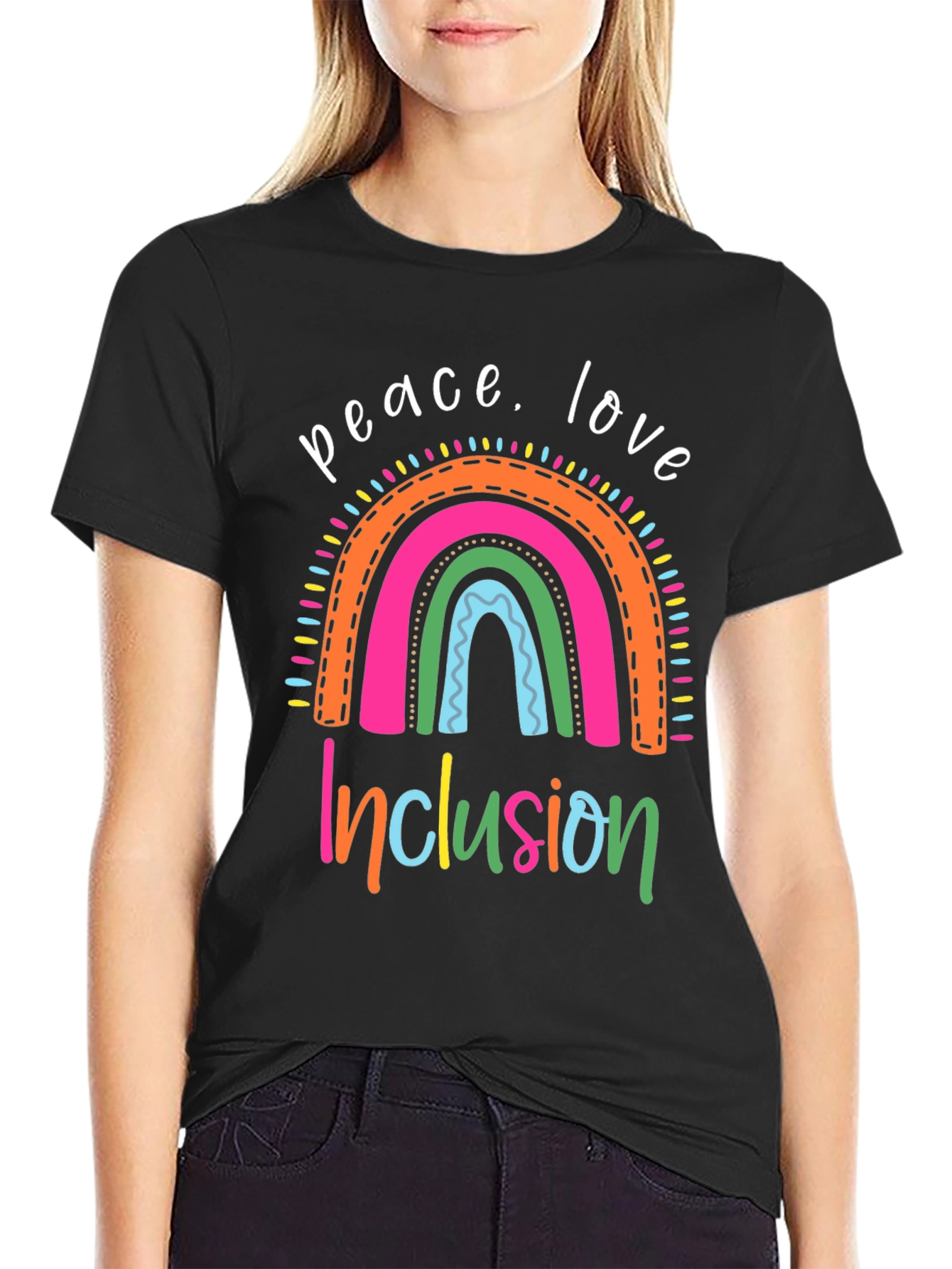 Peace Love Inclusion T-Shirt - Rainbow Design