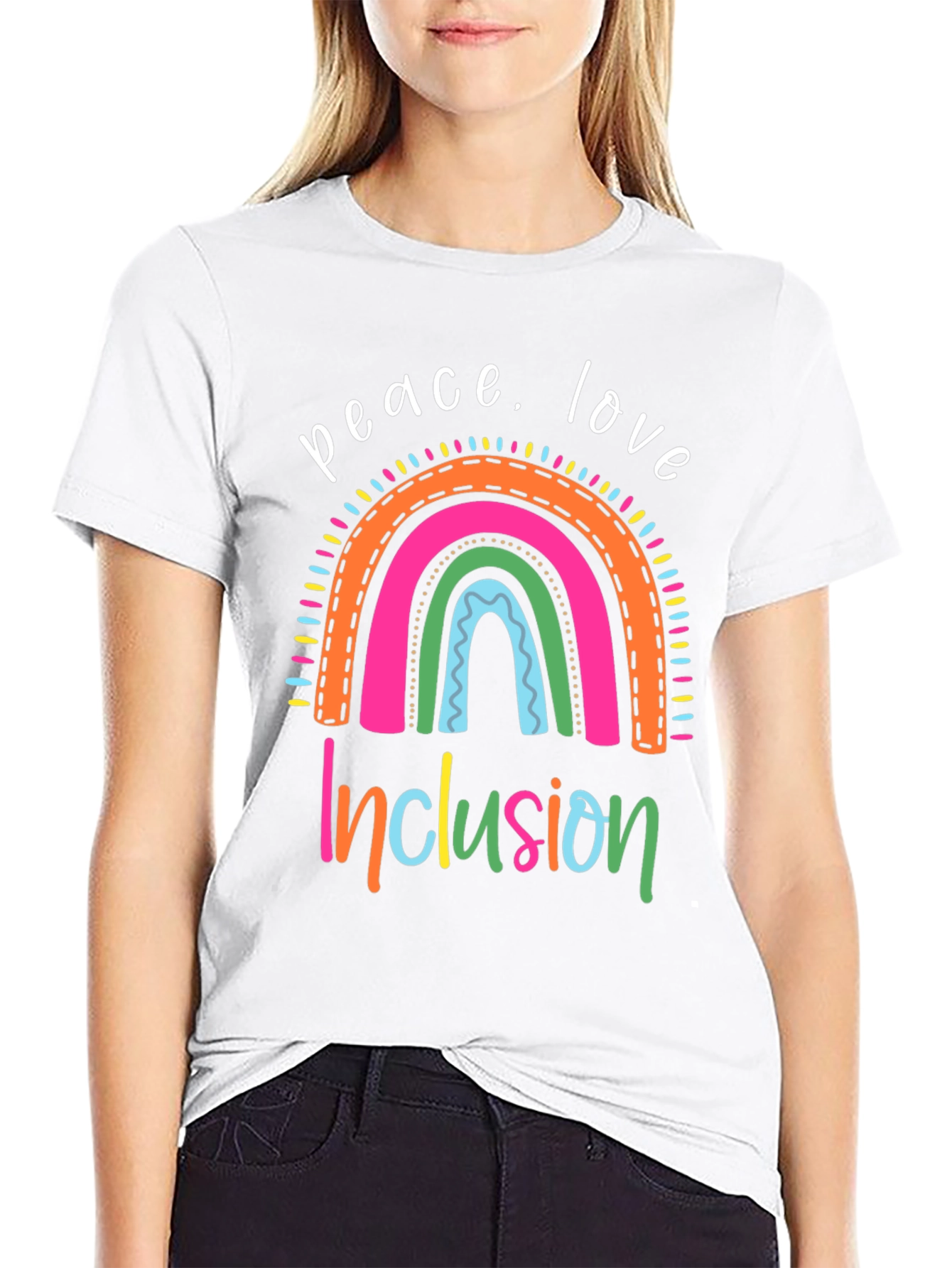 Peace Love Inclusion T-Shirt - Rainbow Design